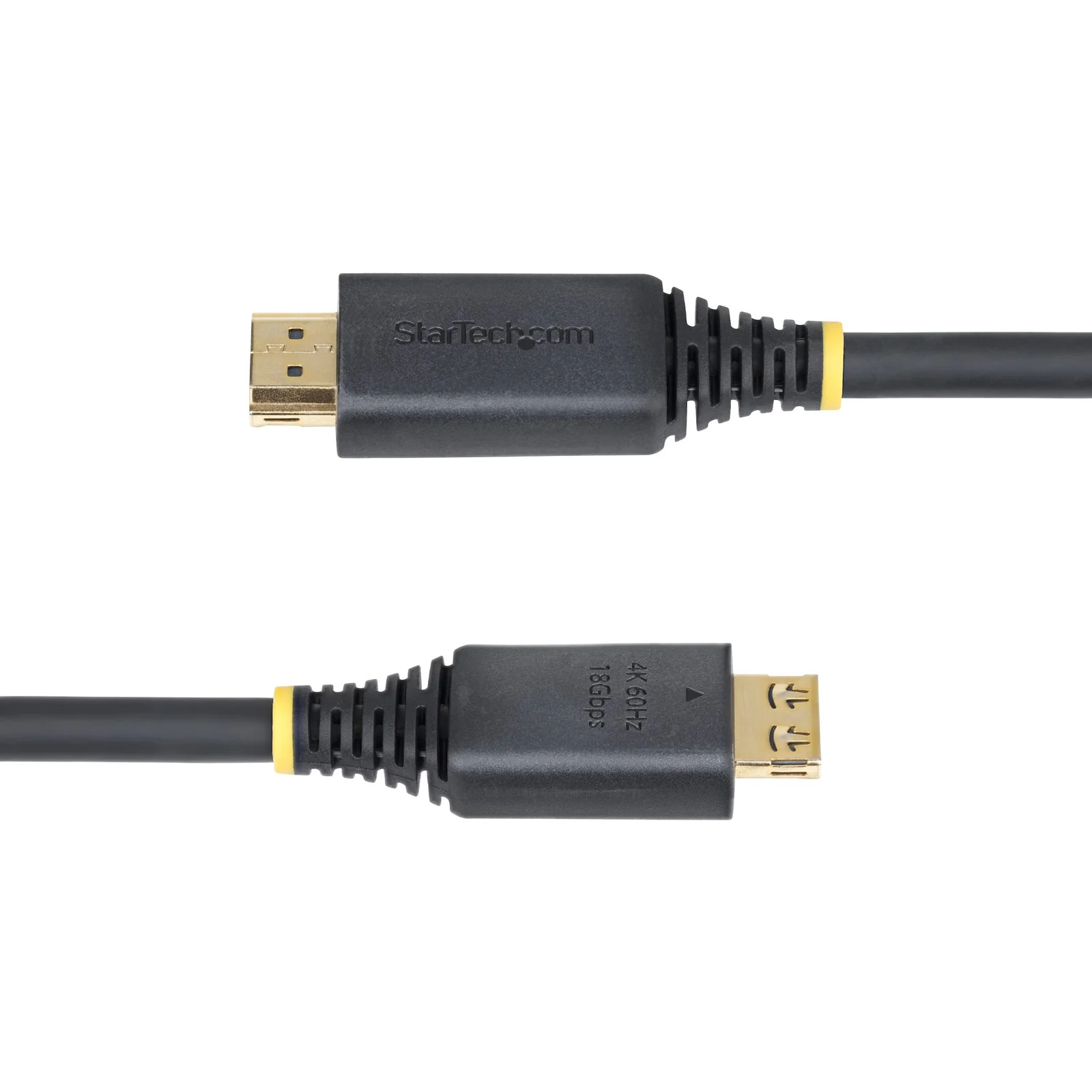 Deux connecteurs HDMI dorés séparés avec boîtiers noirs nervurés et bagues jaunes, inscription 4K 60Hz 18Gbps gravée sur l'un des boîtiers