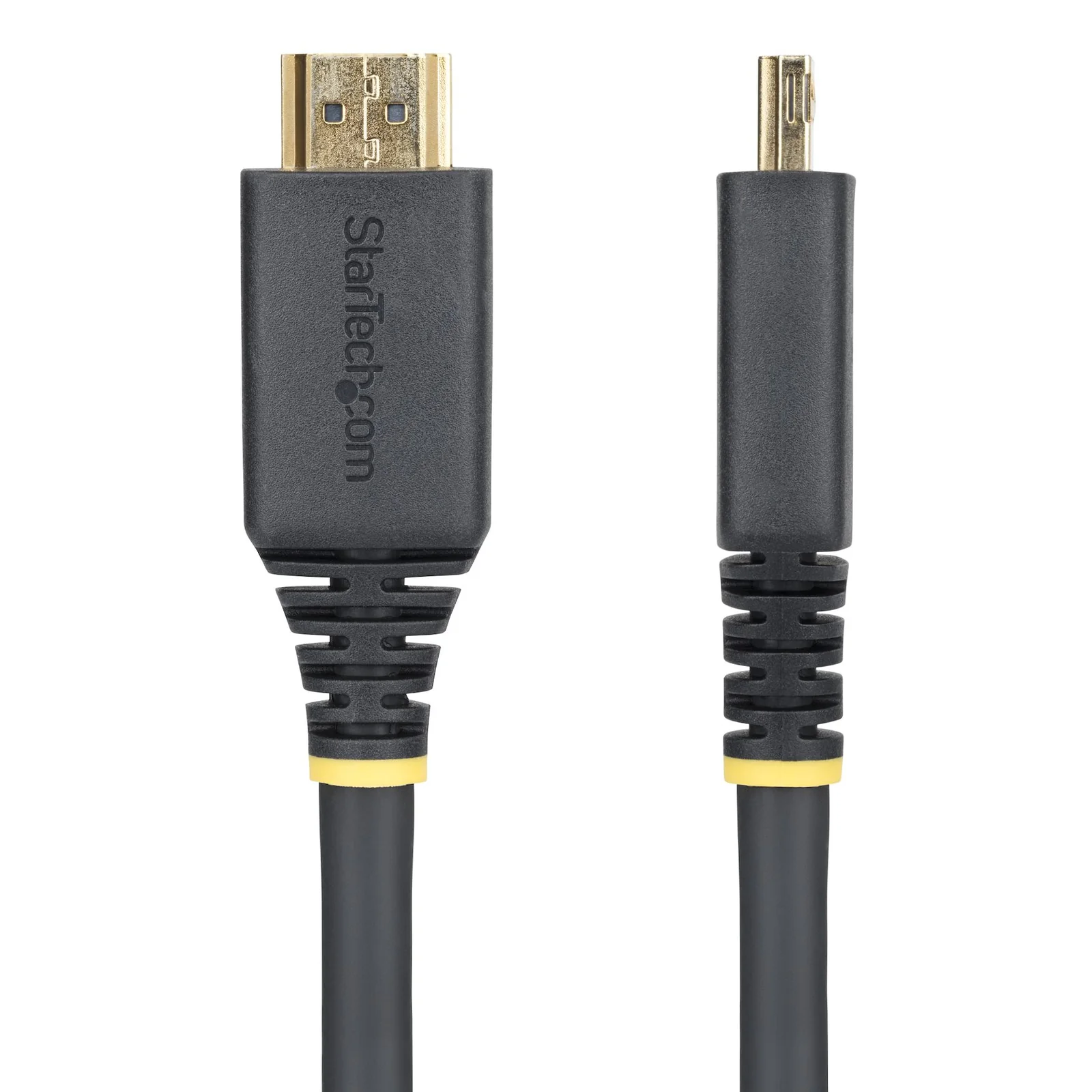 Gros plan sur les deux extrémités du câble HDMI côte à côte, boîtier de connecteur avec relief nervuré noir et bague jaune, broches dorées visibles