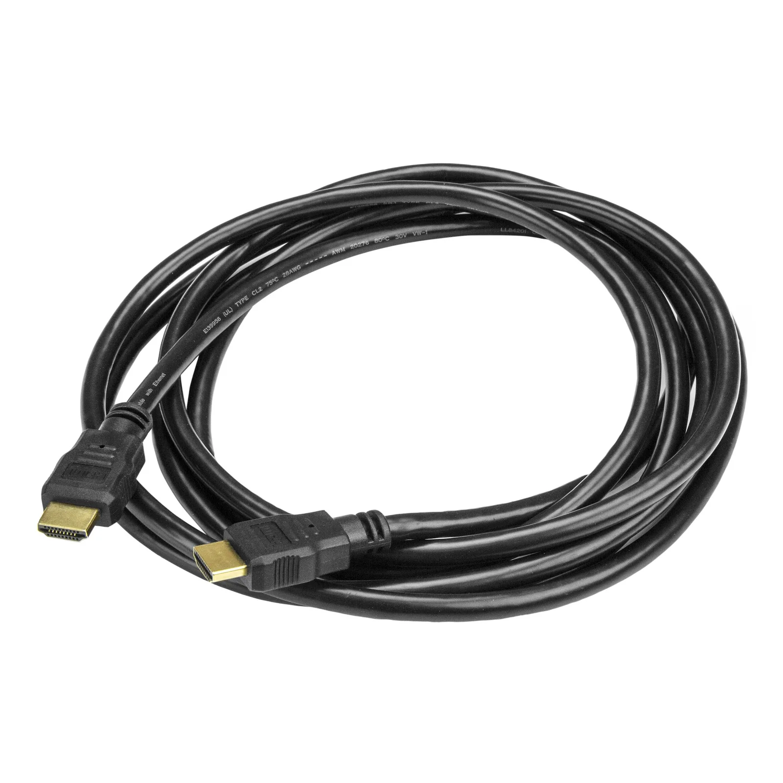 Câble HDMI noir 3 m enroulé en boucle posé à plat, les deux connecteurs plaqués or visibles aux extrémités