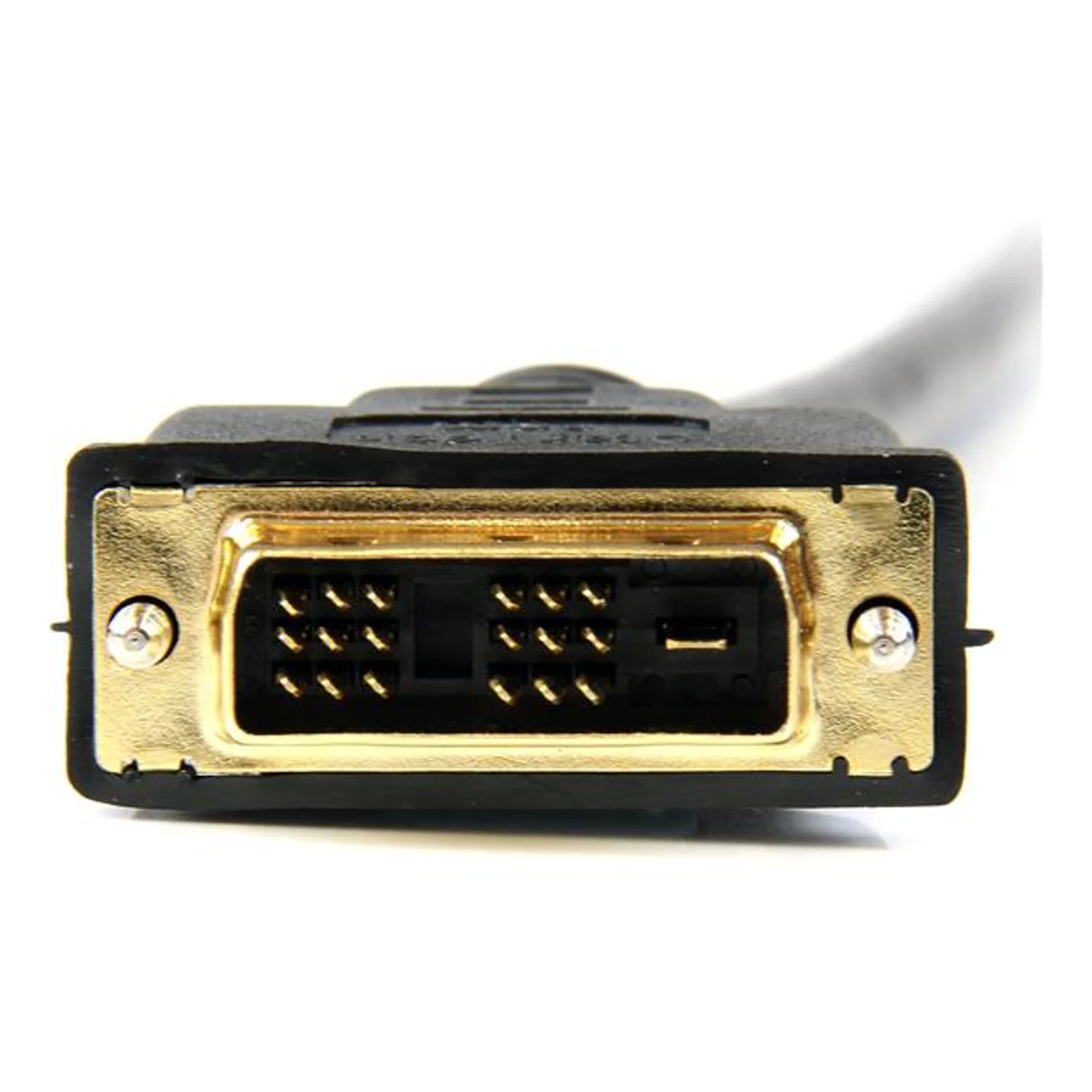 Vue frontale du connecteur DVI-D mâle, broches dorées disposées en grille rectangulaire sur fond doré, boîtier noir