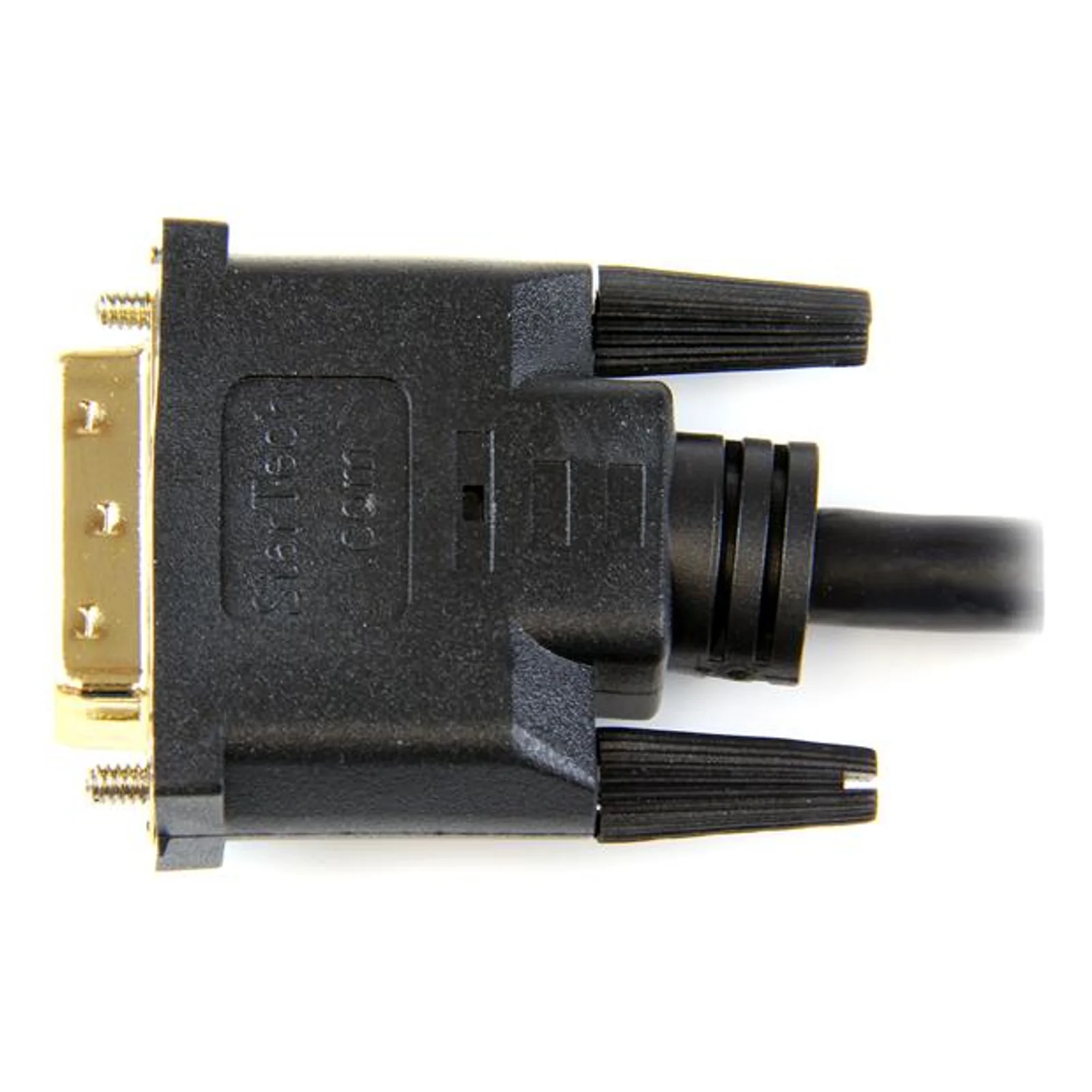 Vue latérale du connecteur DVI-D mâle avec vis de fixation, boîtier noir avec deux clips de verrouillage noirs striés