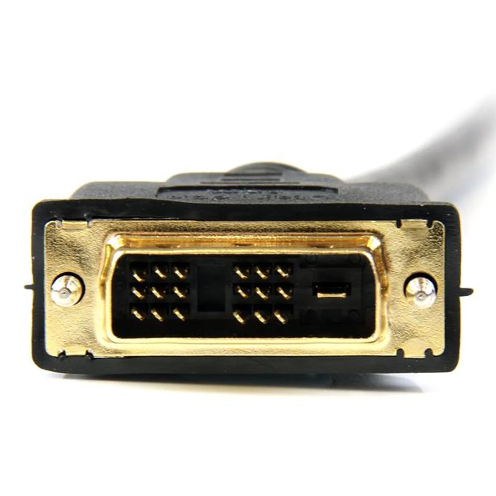 Vue frontale du connecteur DVI-D mâle, broches dorées disposées en grille sur fond noir avec cadre doré