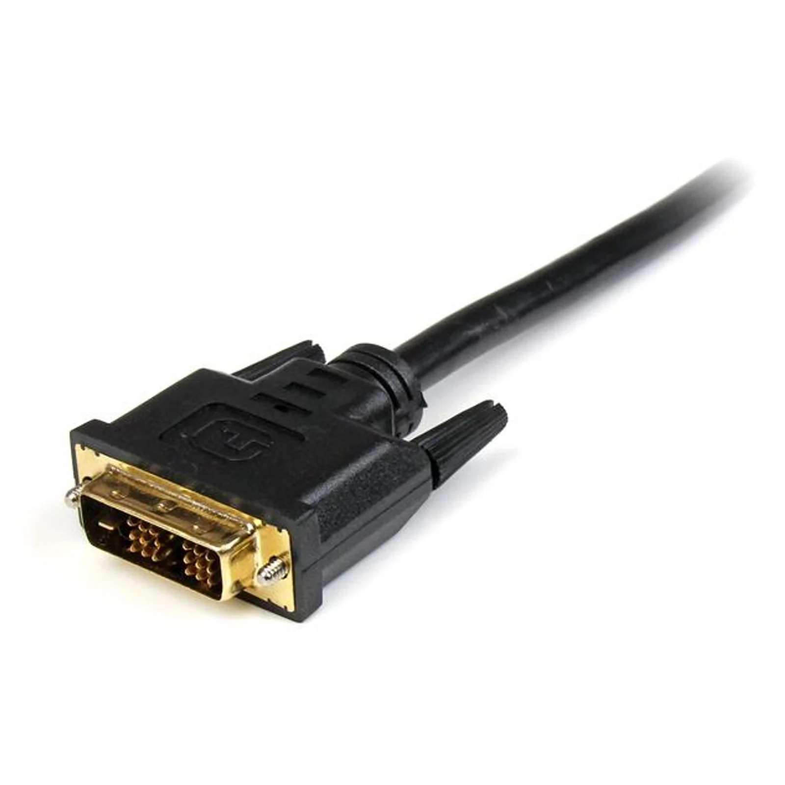 Gros plan du connecteur DVI-D mâle avec boîtier noir et broches dorées, vis de fixation métalliques visibles
