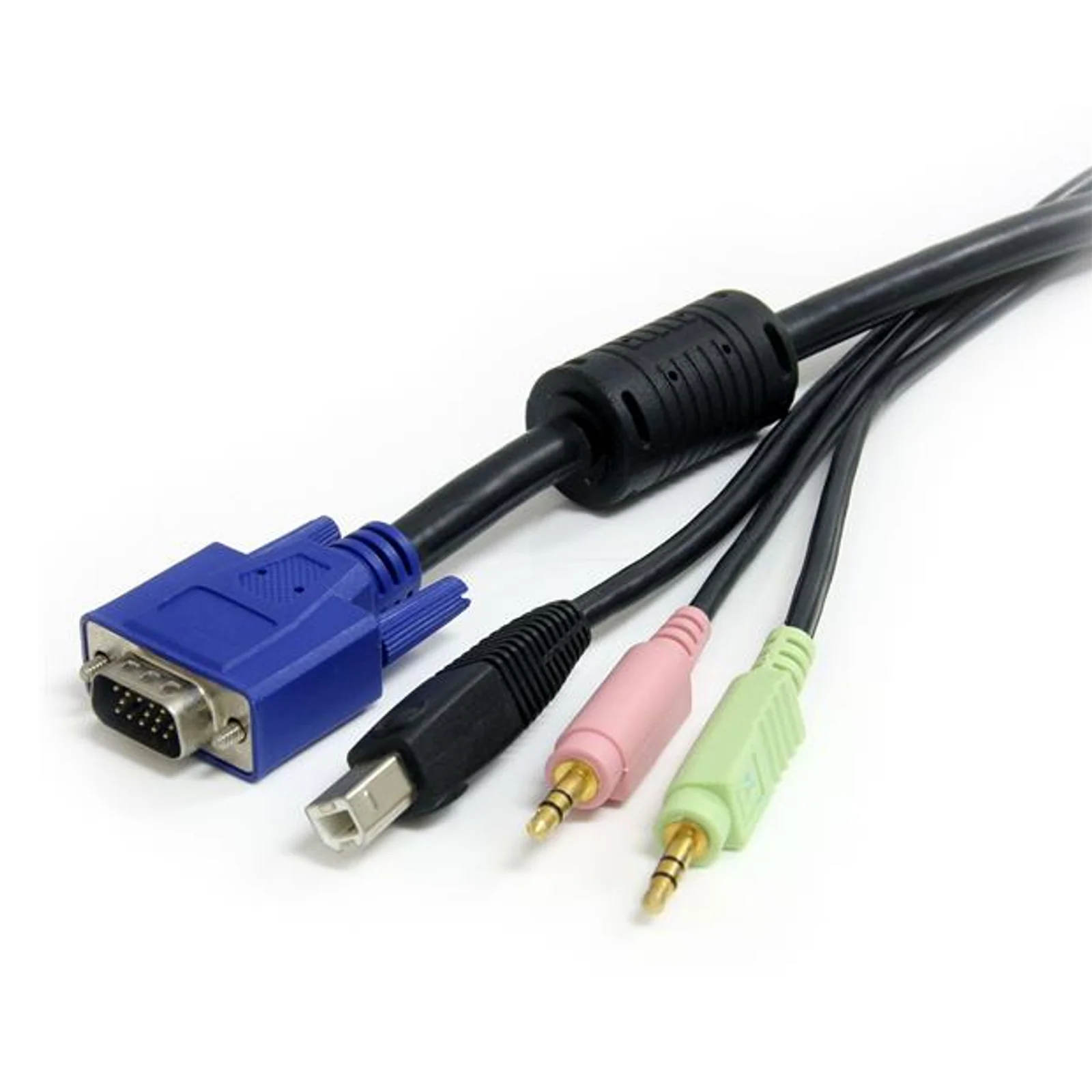 Extrémité KVM du câble avec connecteur VGA bleu, USB-B et deux prises jack 3,5 mm rose et verte
