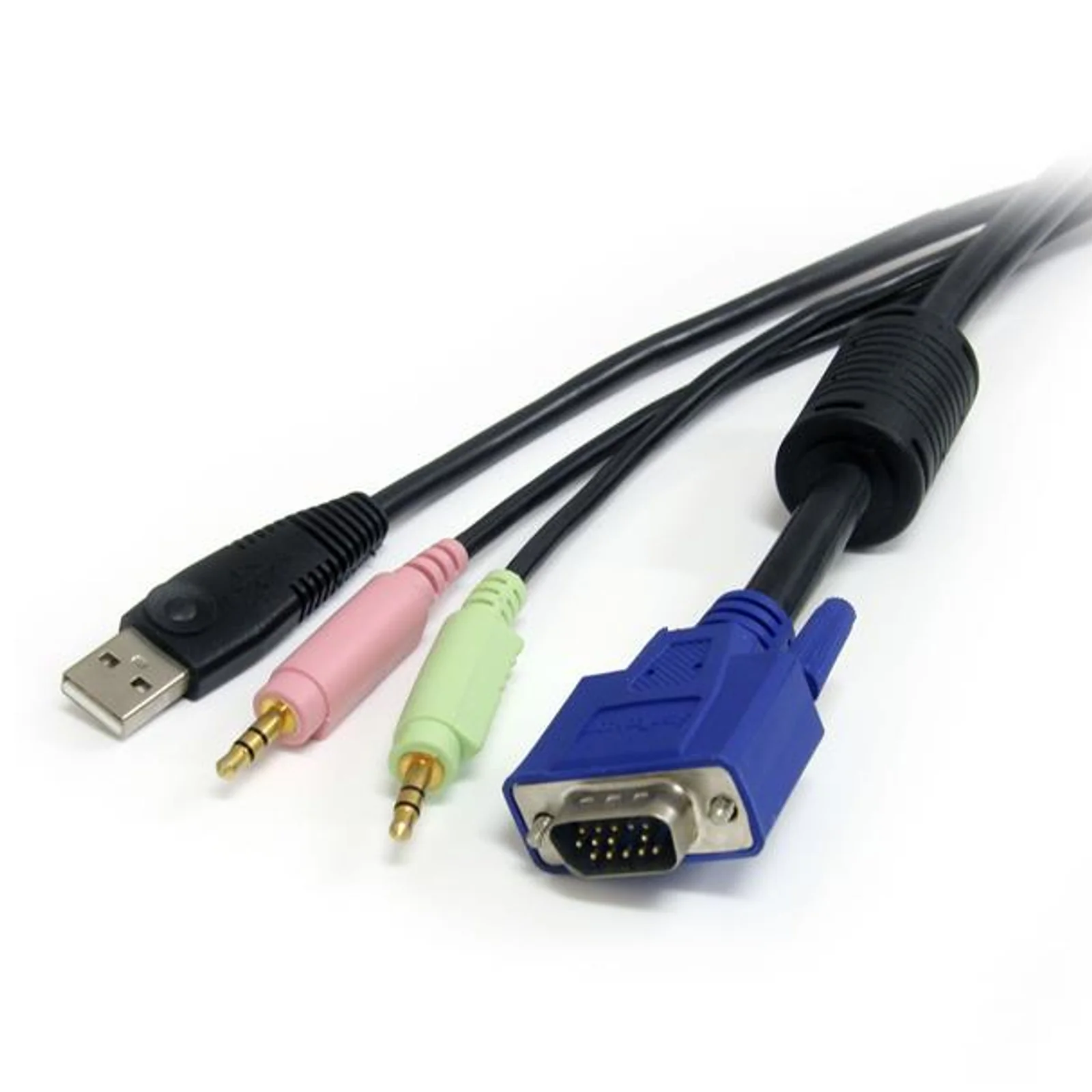 Extrémité ordinateur du câble avec connecteur VGA bleu, USB-A et deux prises jack 3,5 mm rose et verte