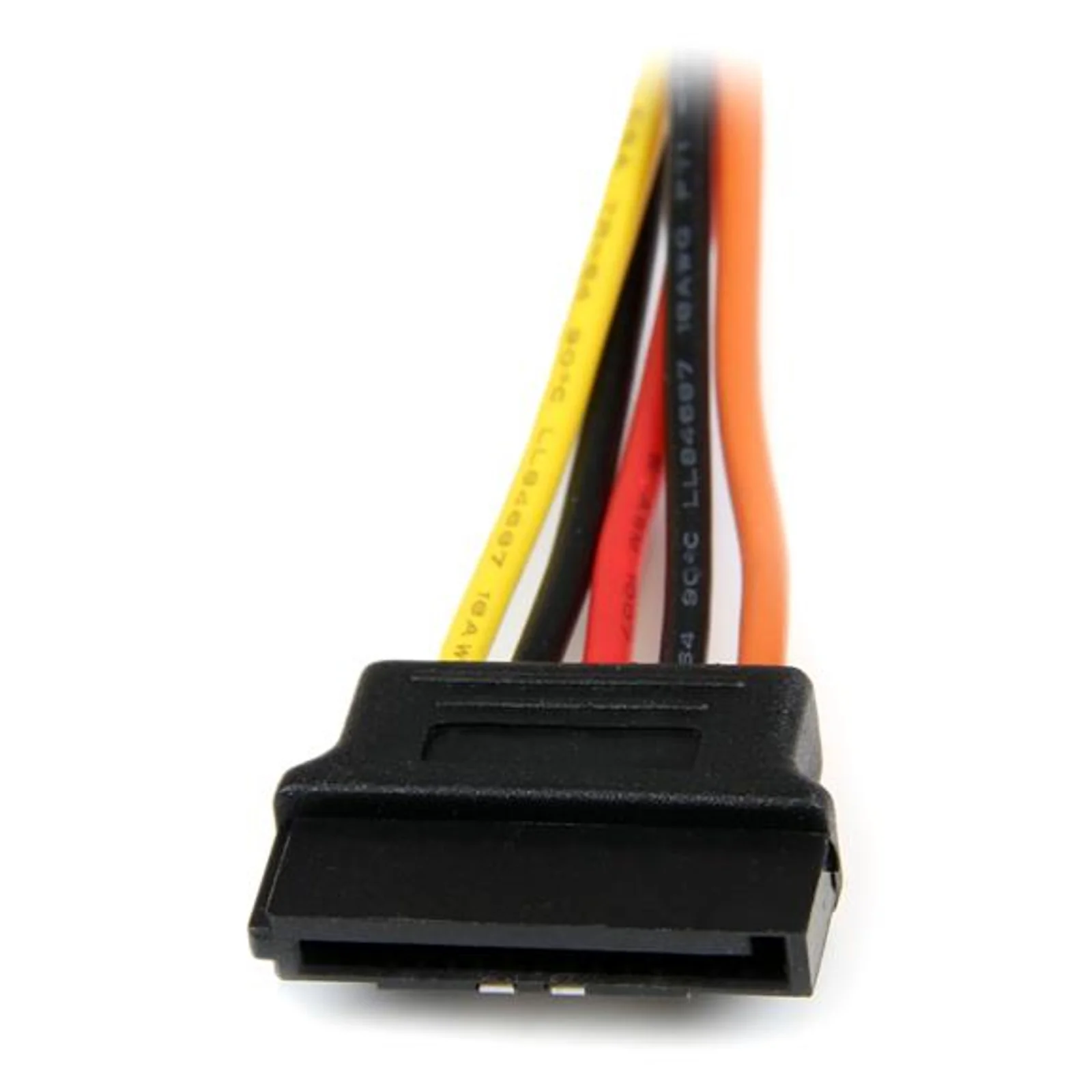 Gros plan connecteur femelle SATA 15 broches sans clip, câbles marqués 18 AWG vue de face