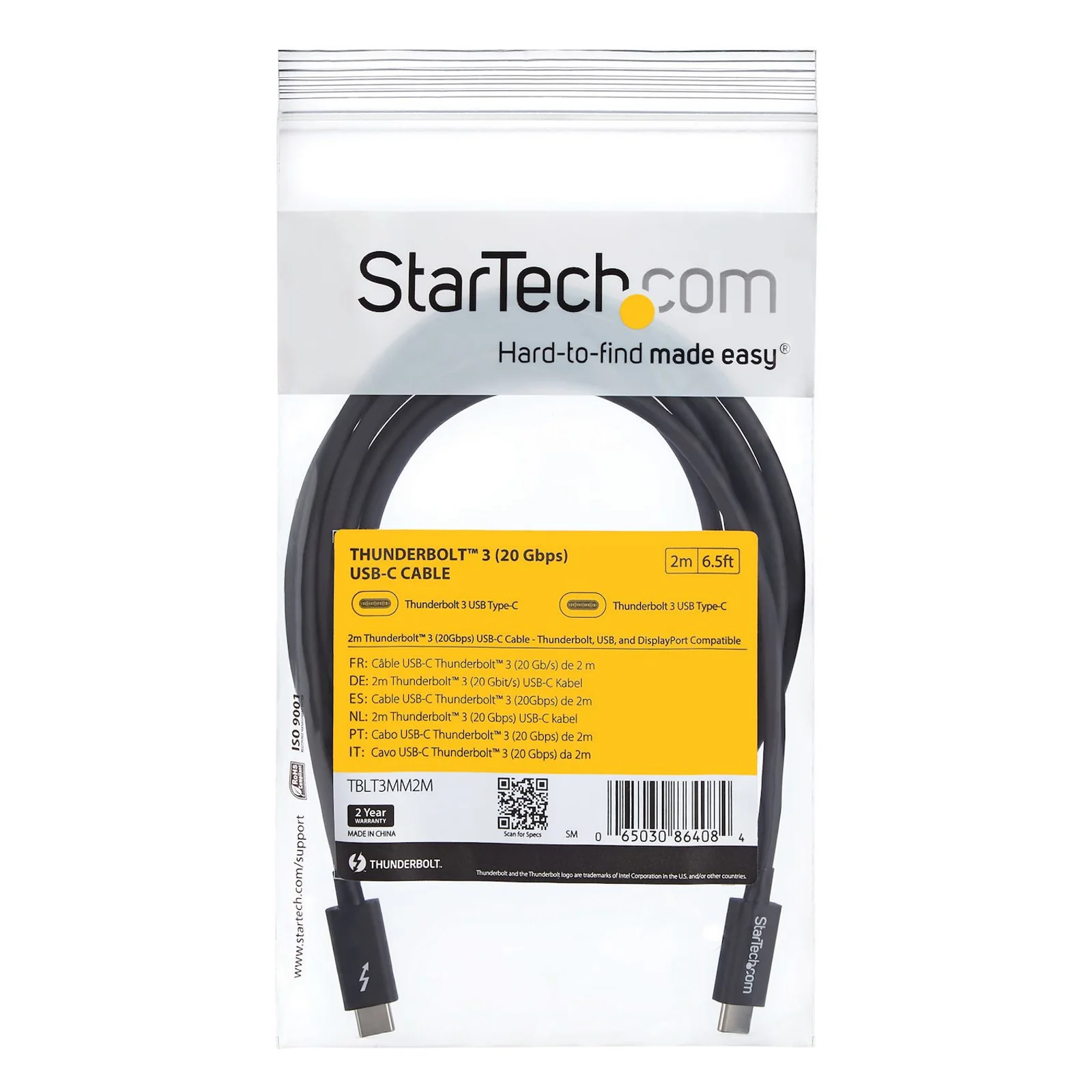 StarTech.com Câble Thunderbolt 3 (20 Gb/s) USB-C de 2 m - Compatible Thunderbolt, USB et DisplayPort - M/M