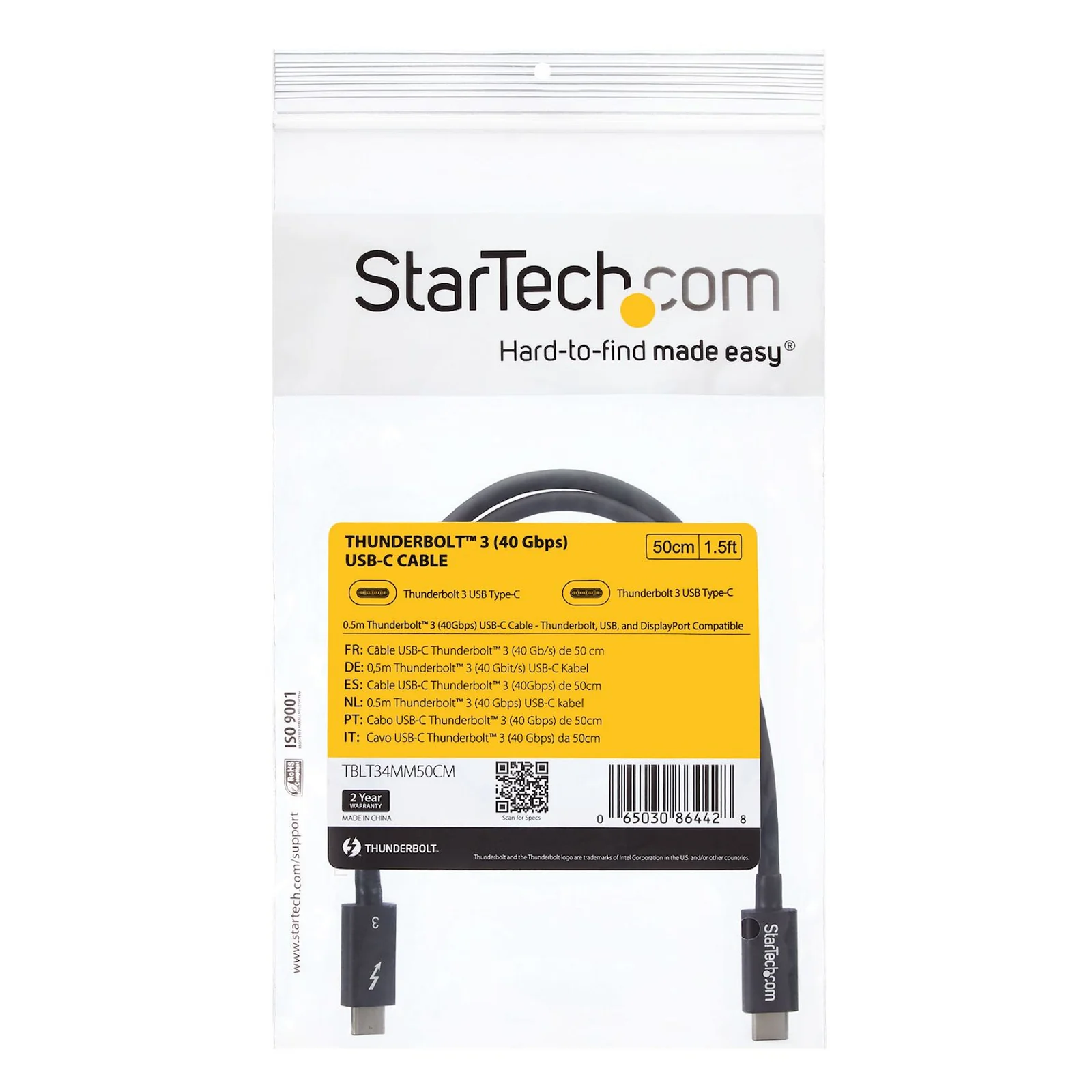 StarTech.com Câble Thunderbolt 3 (40 Gb/s) USB-C de 50 cm - Compatible Thunderbolt, USB et DisplayPort - M/M