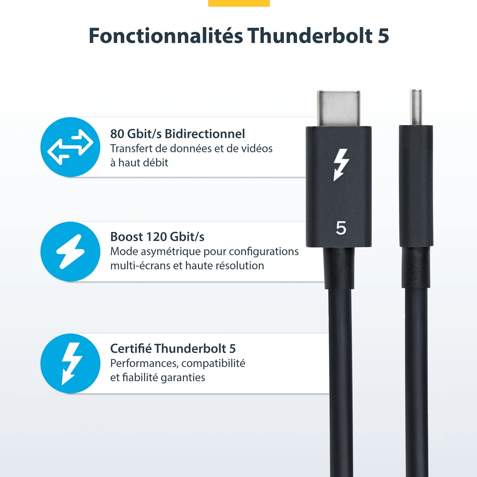 StarTech.com Câble Thunderbolt 5 de 50cm, 80Gbps/Jusqu'à 120Gbps, 240W PD, 8K 60Hz, Câble Thunderbolt Certifié, Compatible avec Thunderbolt 4/USB4/USB-C