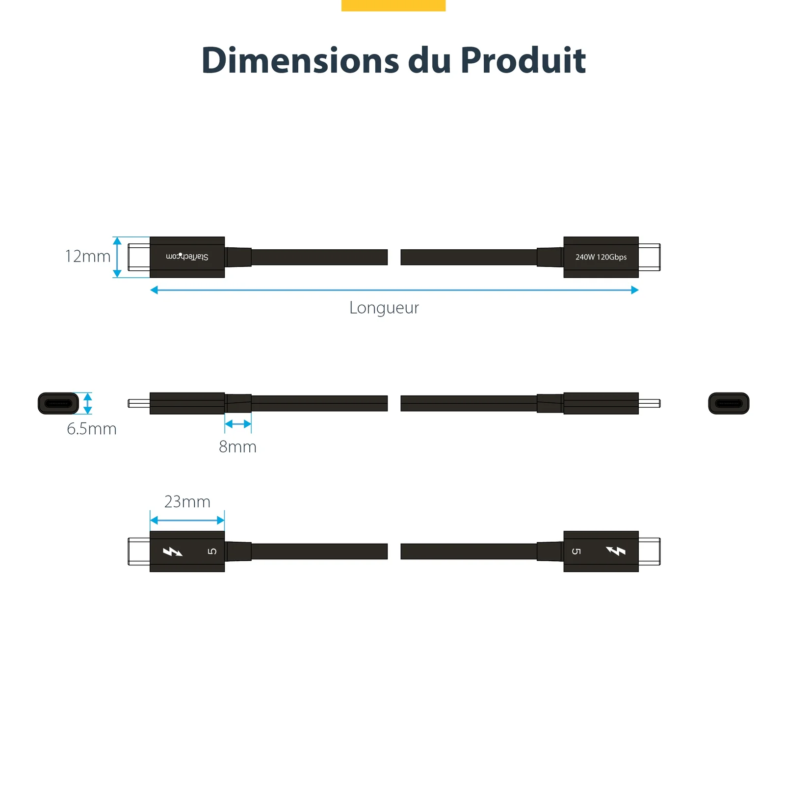 StarTech.com Câble Thunderbolt 5 de 50cm, 80Gbps/Jusqu'à 120Gbps, 240W PD, 8K 60Hz, Câble Thunderbolt Certifié, Compatible avec Thunderbolt 4/USB4/USB-C
