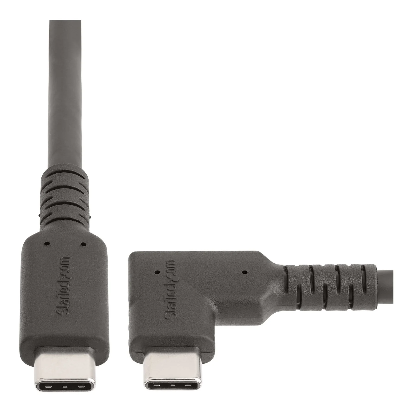 Vue rapprochée des deux connecteurs USB-C orientés vers le bas, connecteur droit à gauche et connecteur coudé à droite, fond blanc