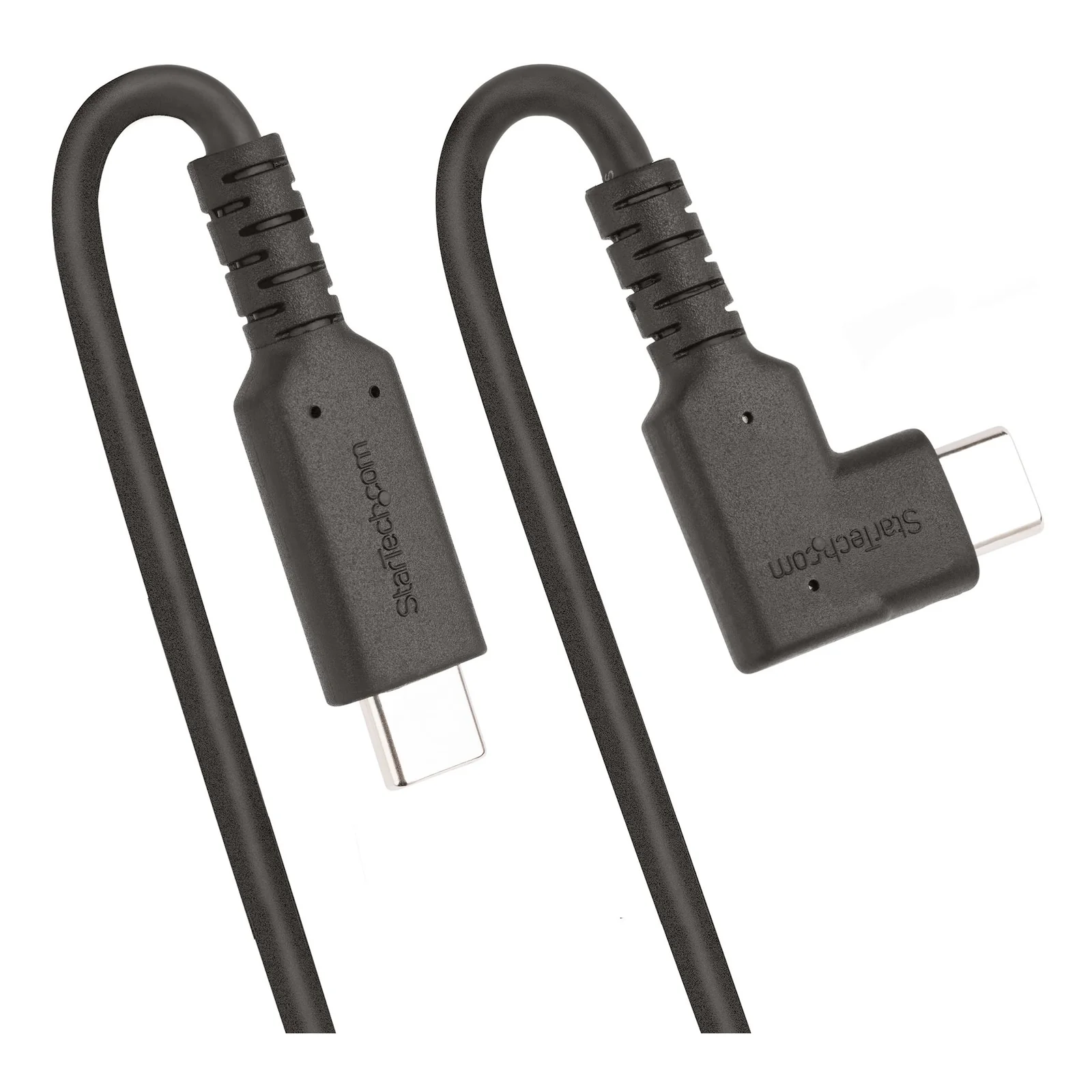 Câble USB-C noir en boucle verticale montrant les deux connecteurs, connecteur droit et connecteur coudé à 90 degrés, fond blanc