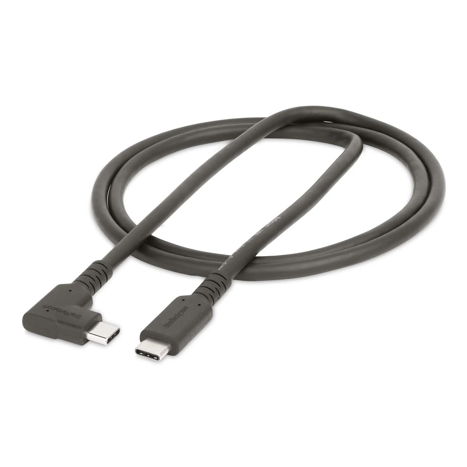 Vue d'ensemble du câble USB-C gris enroulé en cercle, connecteur coudé à gauche et connecteur droit à droite, fond blanc