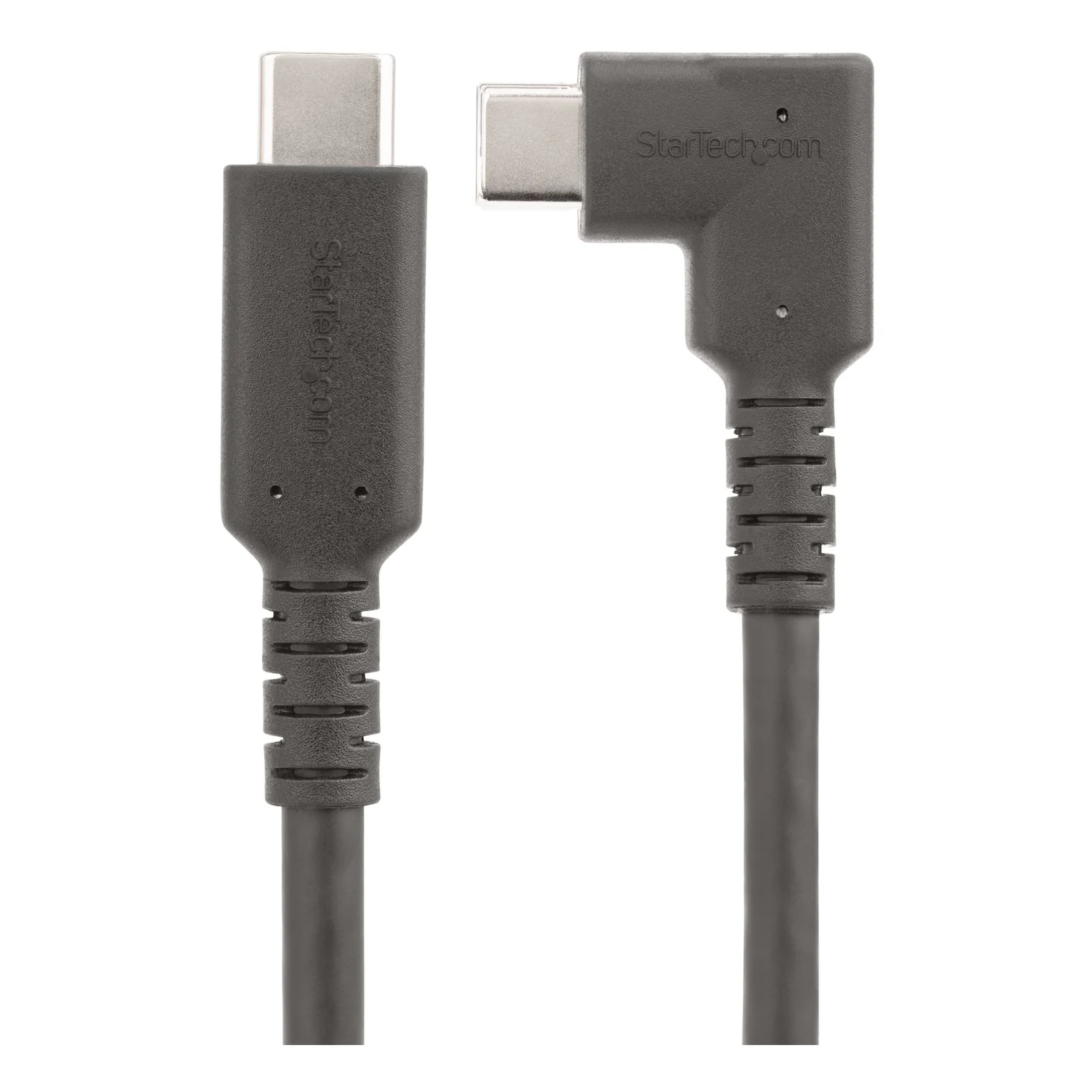 Vue de face des deux connecteurs USB-C côte à côte, connecteur droit à gauche et connecteur coudé à droite, fond blanc