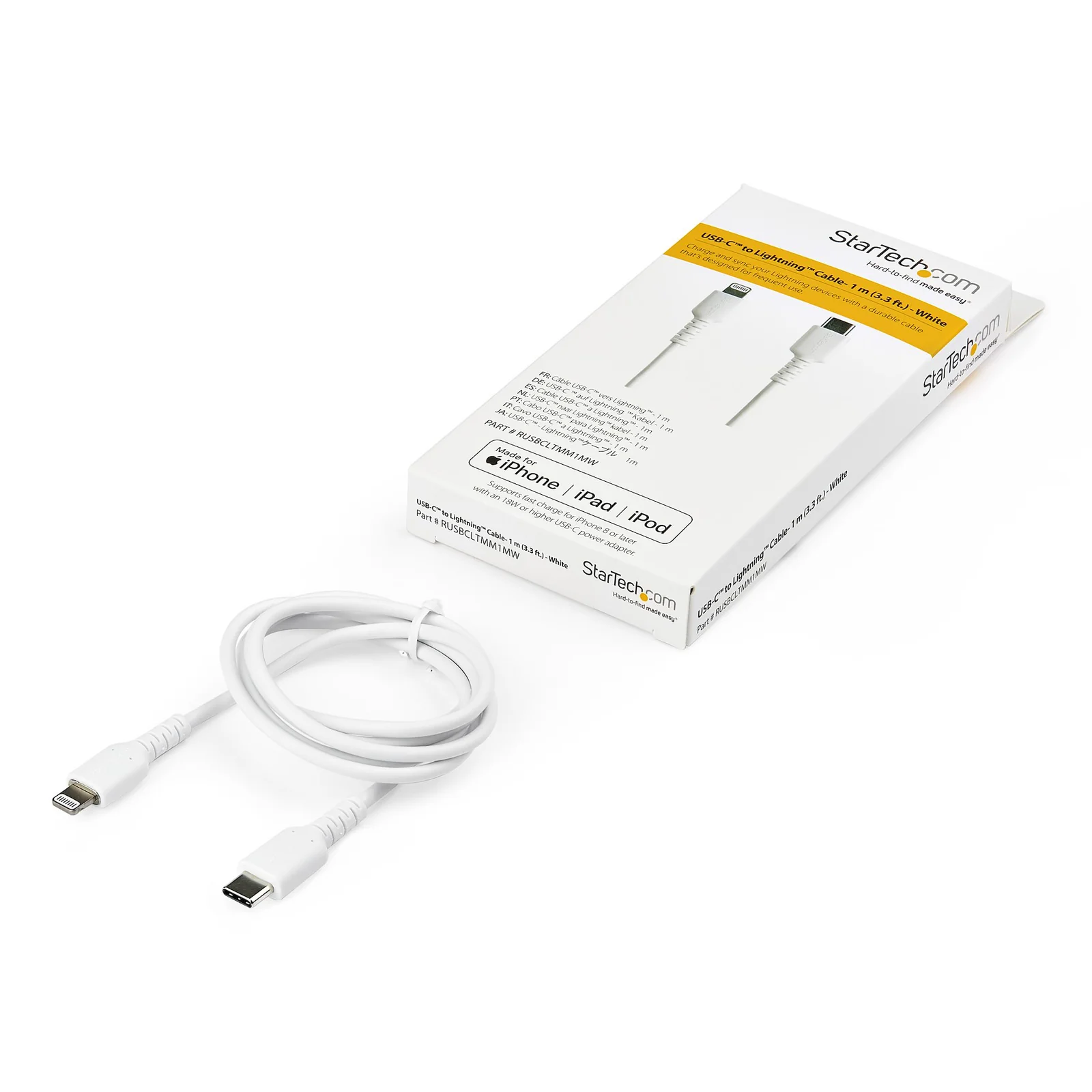 StarTech.com Câble USB-C vers Lightning Blanc Robuste 1m - Câble de Charge/Synchronistation USB Type C vers Lightning Fibre Aramide - iPad/iPhone 12 Certifié Apple MFi