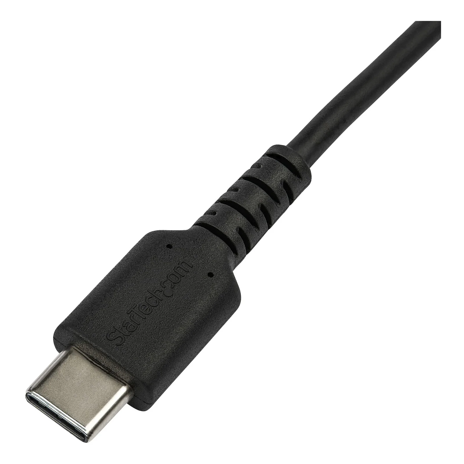 Gros plan sur le connecteur USB-C du câble StarTech.com RUSBCLTMM2MB avec surmoulages de décharge