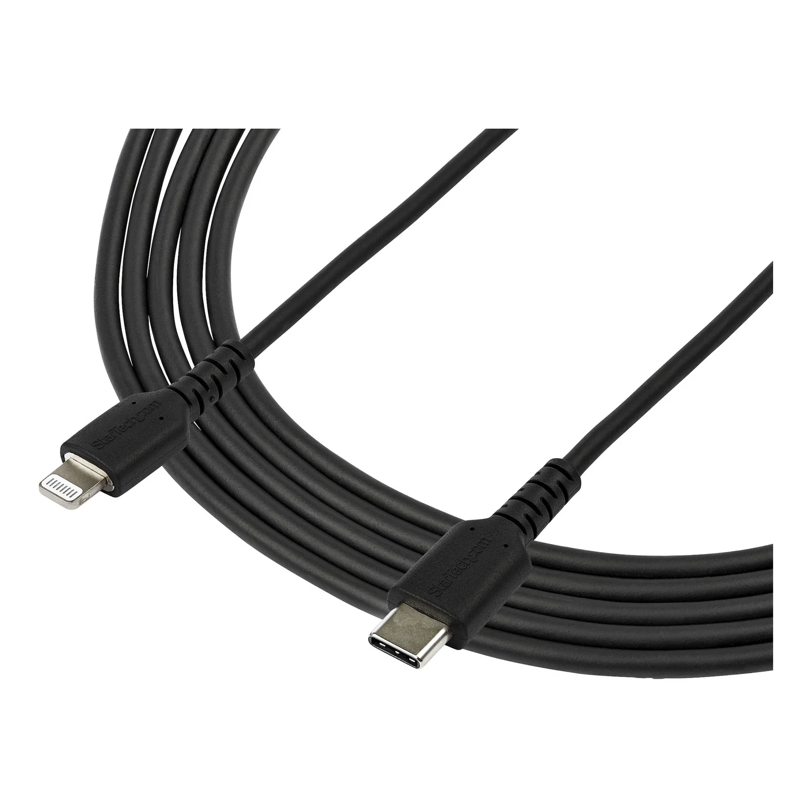 Câble StarTech.com USB-C vers Lightning 2 m enroulé, vue des deux connecteurs et de la longueur complète