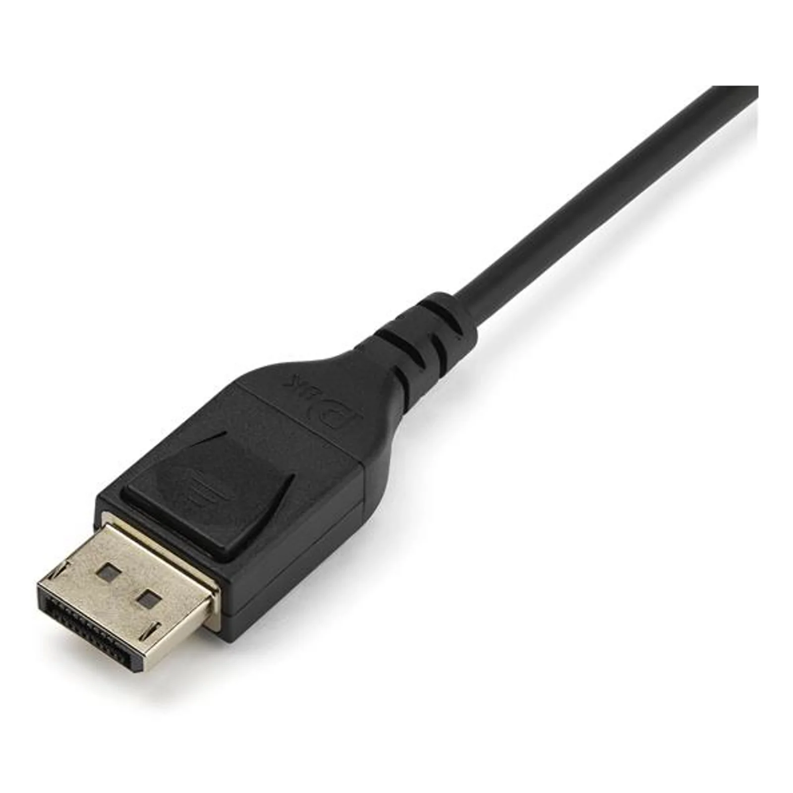 Gros plan sur un connecteur DisplayPort mâle noir avec contacts dorés et clip de verrouillage