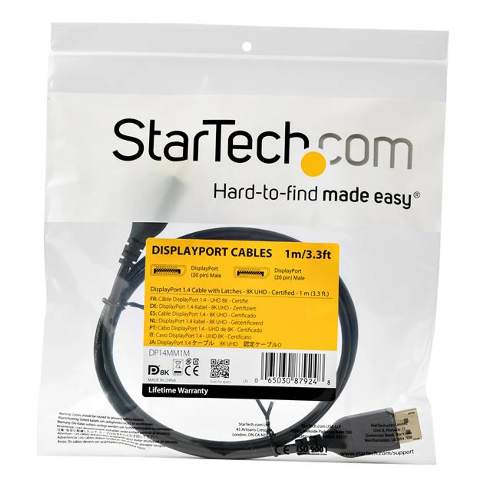 Câble DisplayPort 1 m en sachet plastique transparent avec étiquette produit jaune et noire