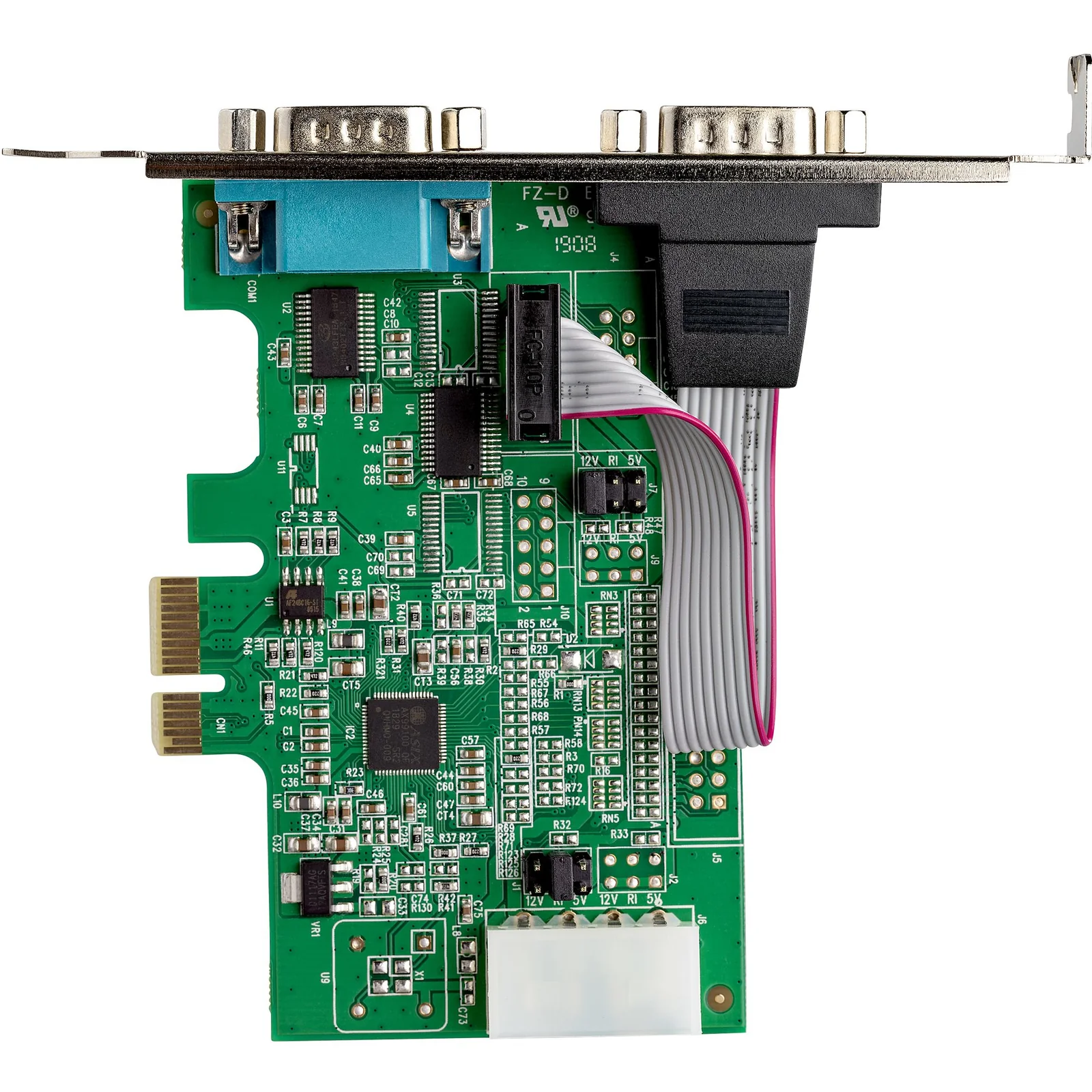 Vue latérale de la carte PCIe verte montrant les composants, deux ports DB9 en haut et le connecteur d'alimentation 4 broches en bas