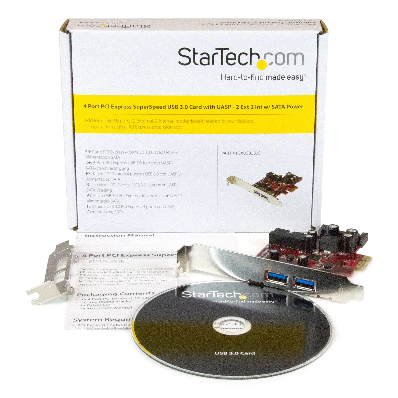 StarTech.com Carte contrôleur PCI Express à 4 ports USB 3.0 - 2 externes 2 internes - Adaptateur PCIe avec alimentation SATA