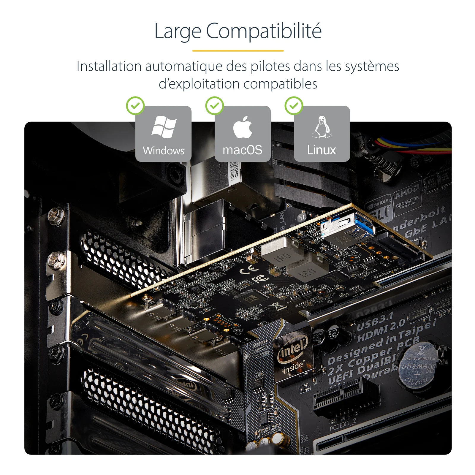 Infographie de compatibilité avec logos Windows, macOS et Linux et installation automatique des pilotes