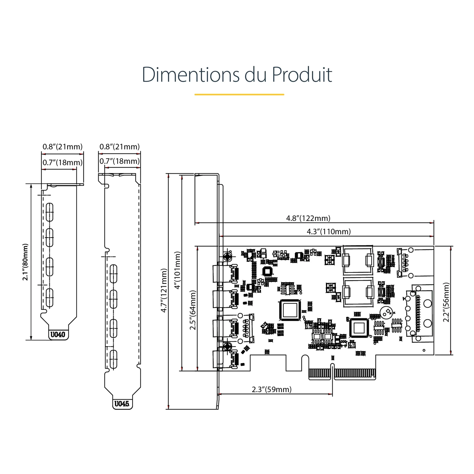 Dessin technique des dimensions de la carte et des deux équerres de fixation, largeur 122mm et hauteur 56mm