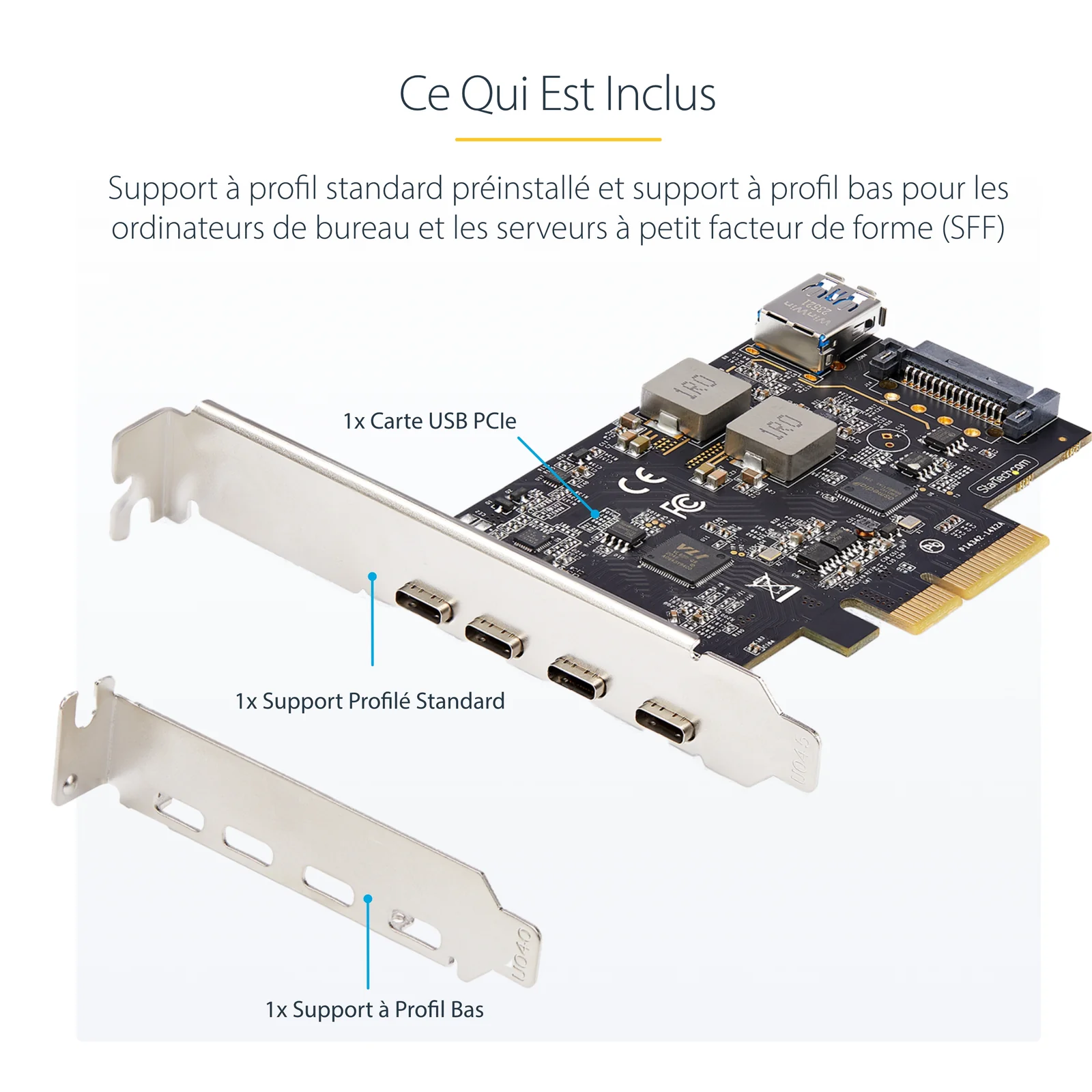 Vue des accessoires inclus avec annotations, équerre profil standard préinstallée et équerre profil bas