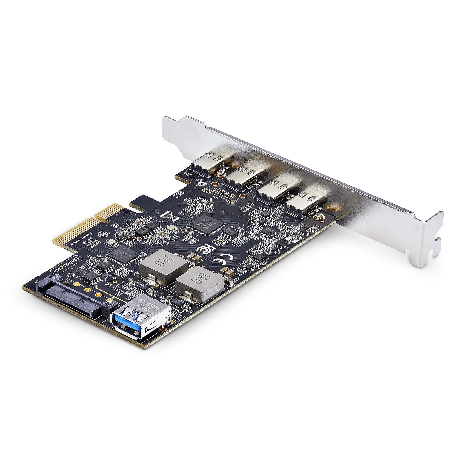 Vue arrière de la carte depuis le connecteur PCIe doré, ports USB-C et USB-A visibles en haut