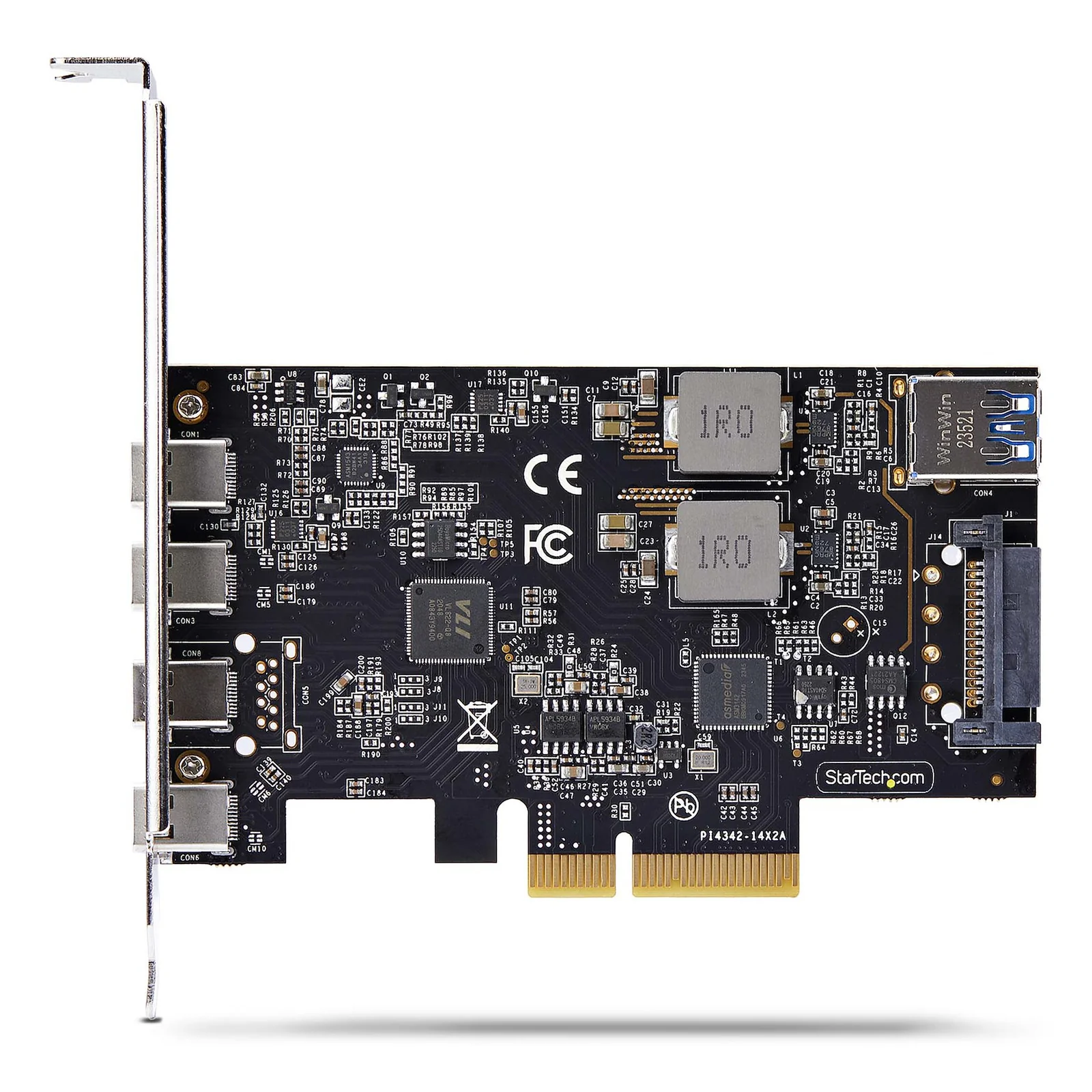 Vue frontale complète du PCB avec composants, port USB-A bleu et connecteur PCIe doré visibles