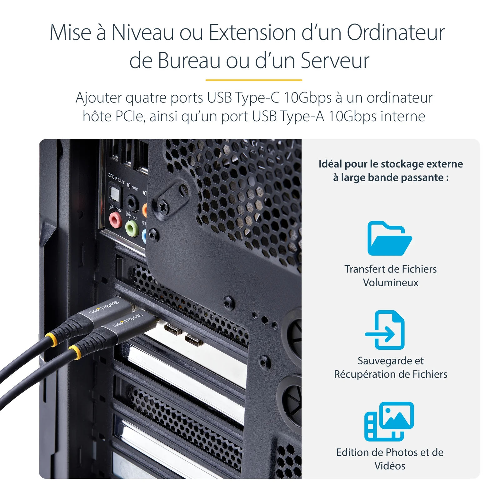 Infographie des cas d'usage de la carte installée dans un PC pour le stockage externe haute bande passante