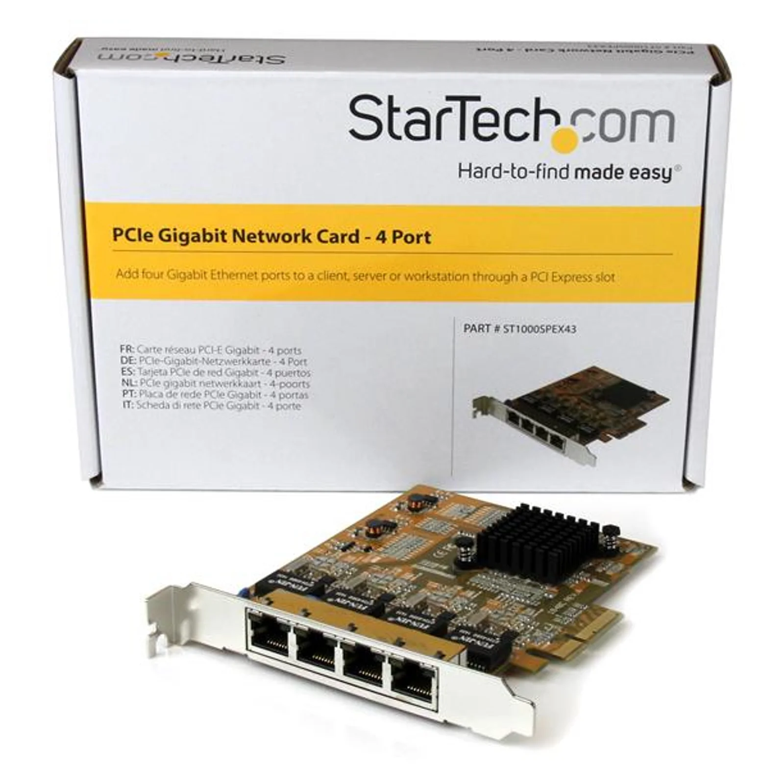Carte réseau PCIe posée devant sa boîte d'emballage blanche et jaune StarTech.com, 4 ports RJ45 visibles sur l'équerre