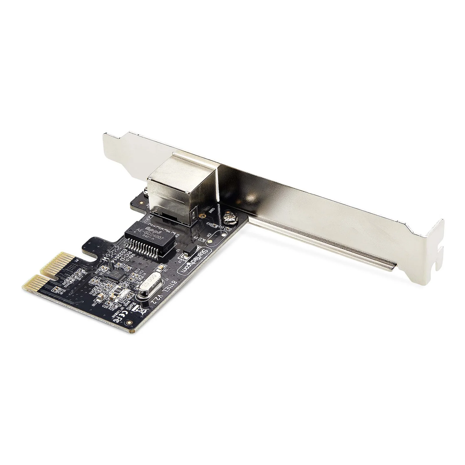 Face arrière de la carte réseau PCIe, circuit noir avec puce centrale visible, port RJ45 blindé et équerre pleine hauteur argentée