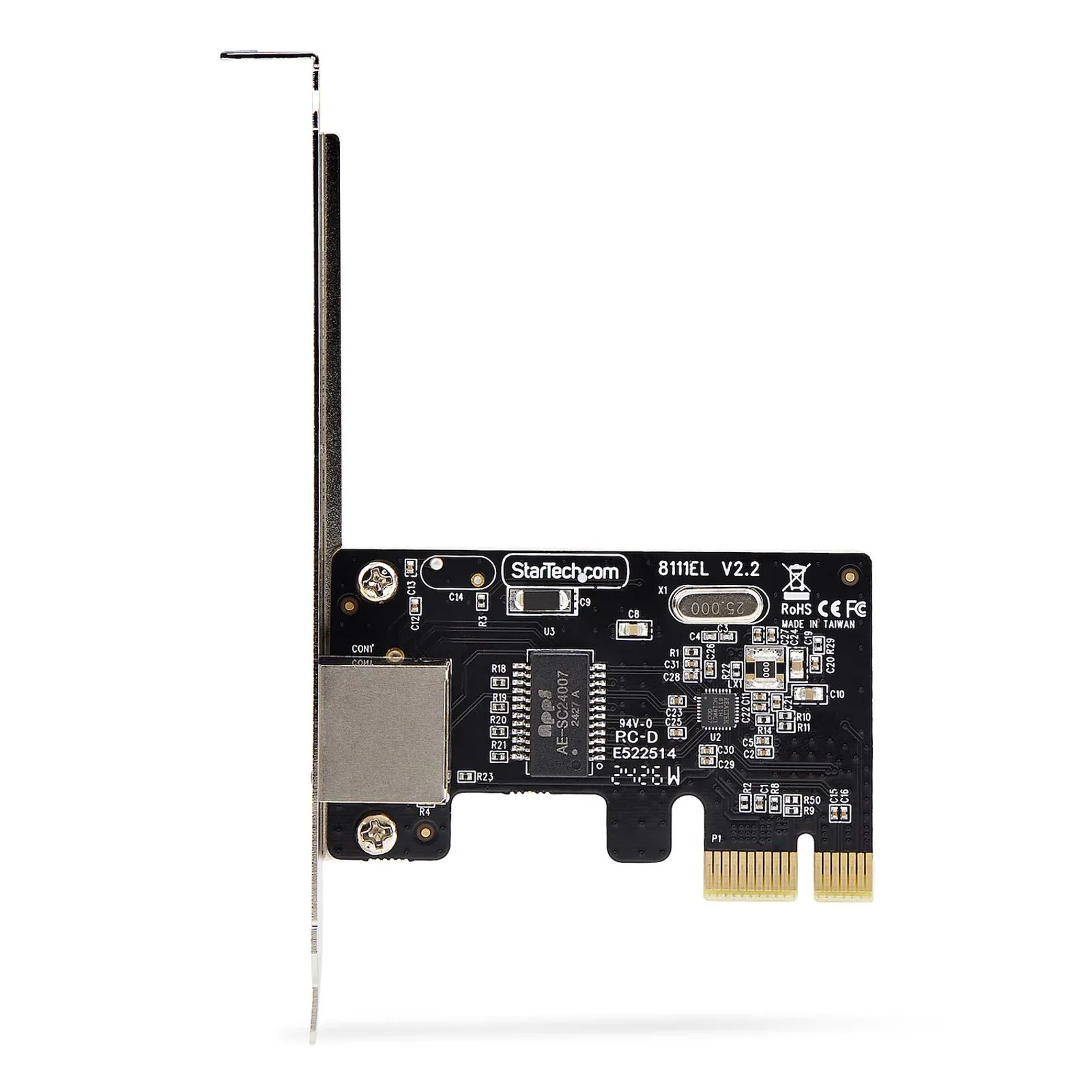Face composants de la carte réseau PCIe, circuit noir avec puce, oscillateur à quartz, marquage StarTech.com et équerre pleine hauteur