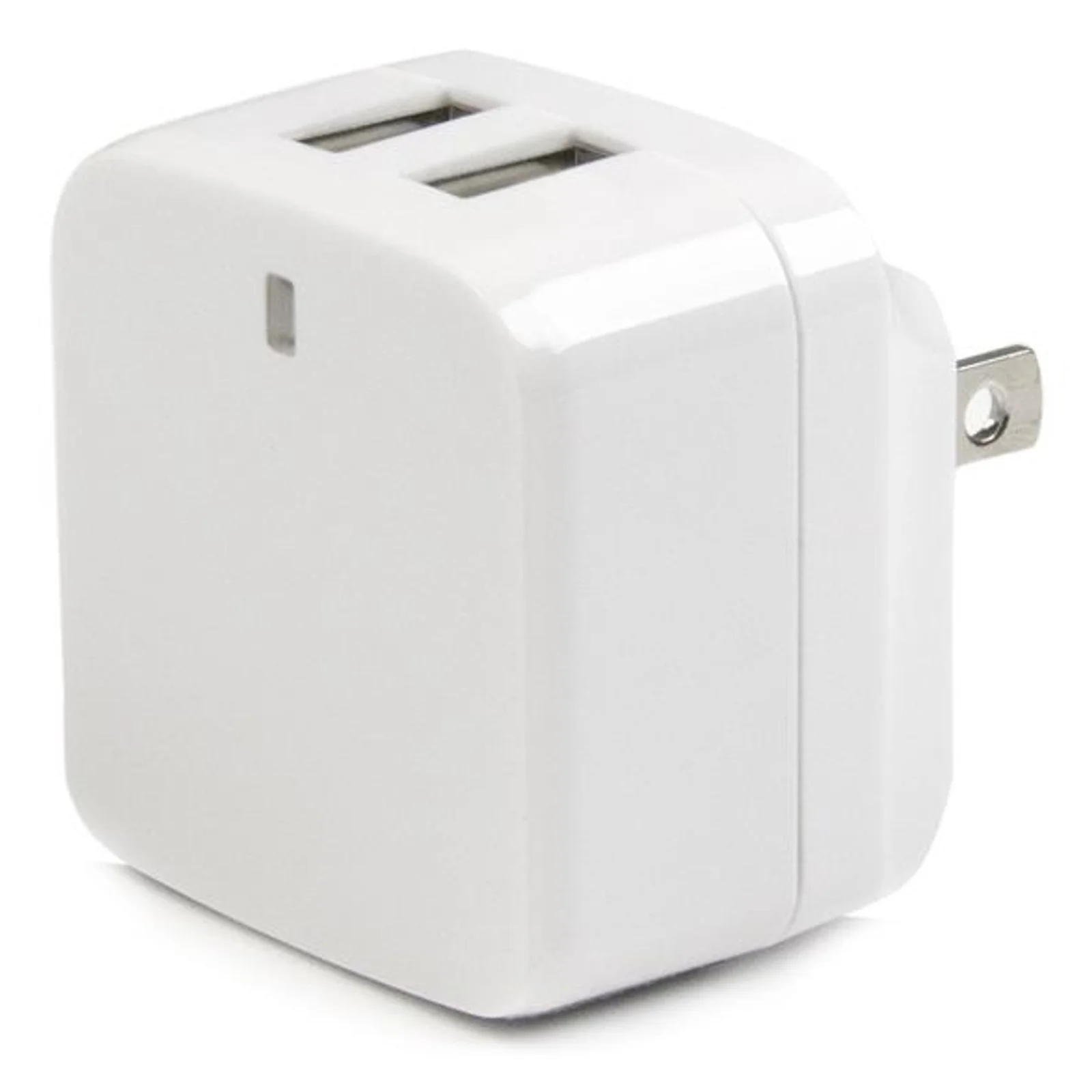 Vue de profil du chargeur USB2PACWH blanc, prise US déployée sur le côté et 2 ports USB-A sur le dessus