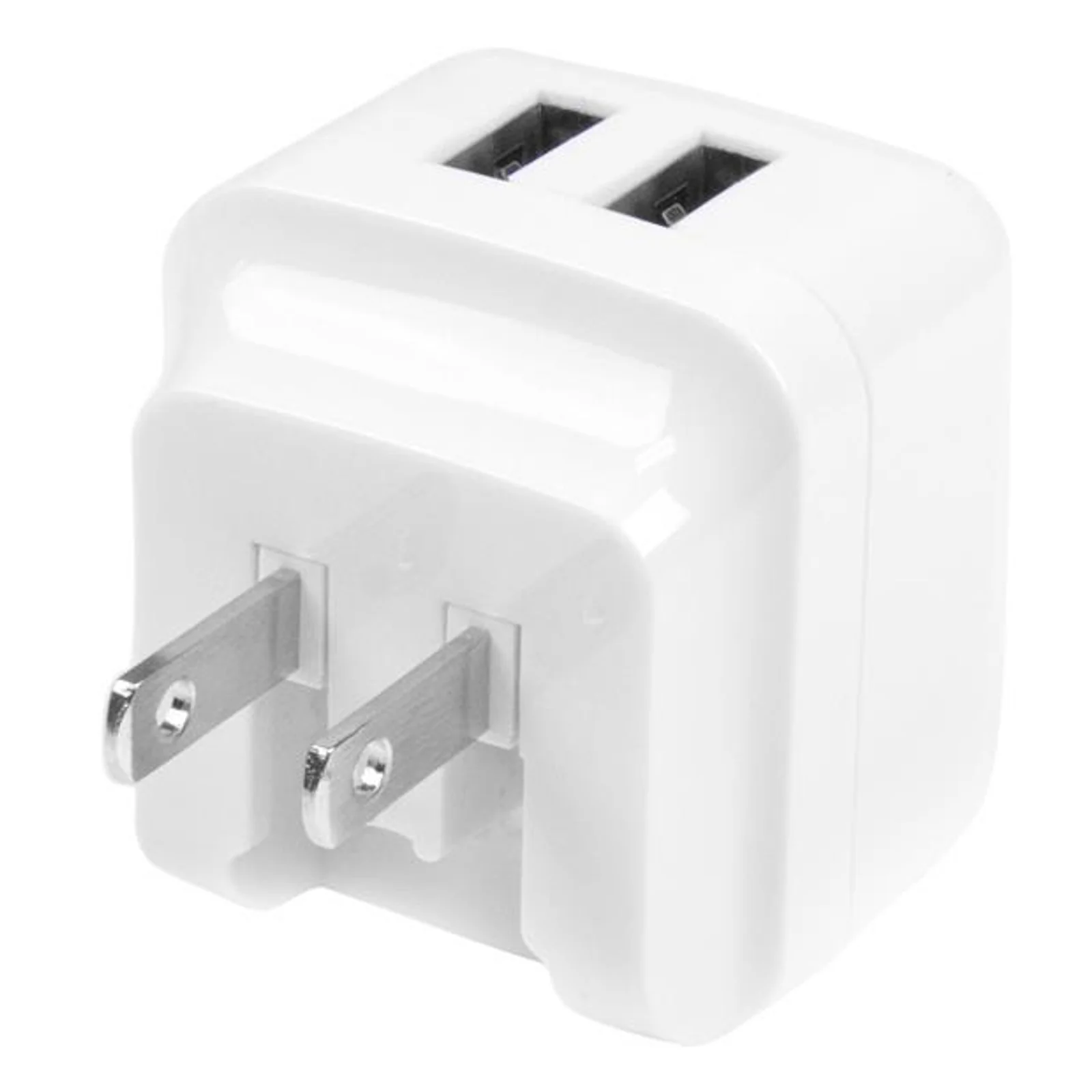 Face avant du chargeur USB2PACWH, prongs de la prise US visibles en bas et 2 ports USB-A en face supérieure