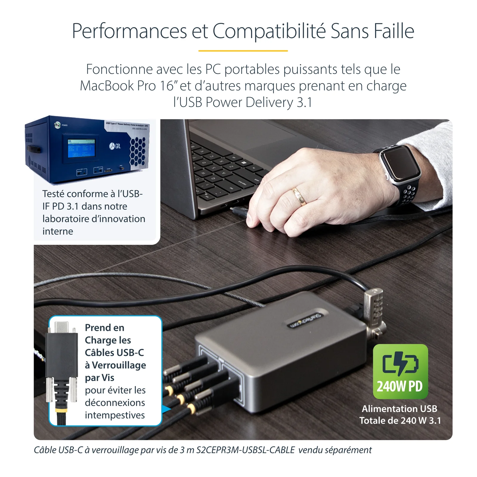StarTech.com Chargeur USB-C Multi-Appareils à 4 Ports, 240 W au Total, Port Unique 140 W EPR, PD 3.1, Ports de Verrouillage à Vis, Salles de Réunion, Support Inclus pour le Montage en Surface