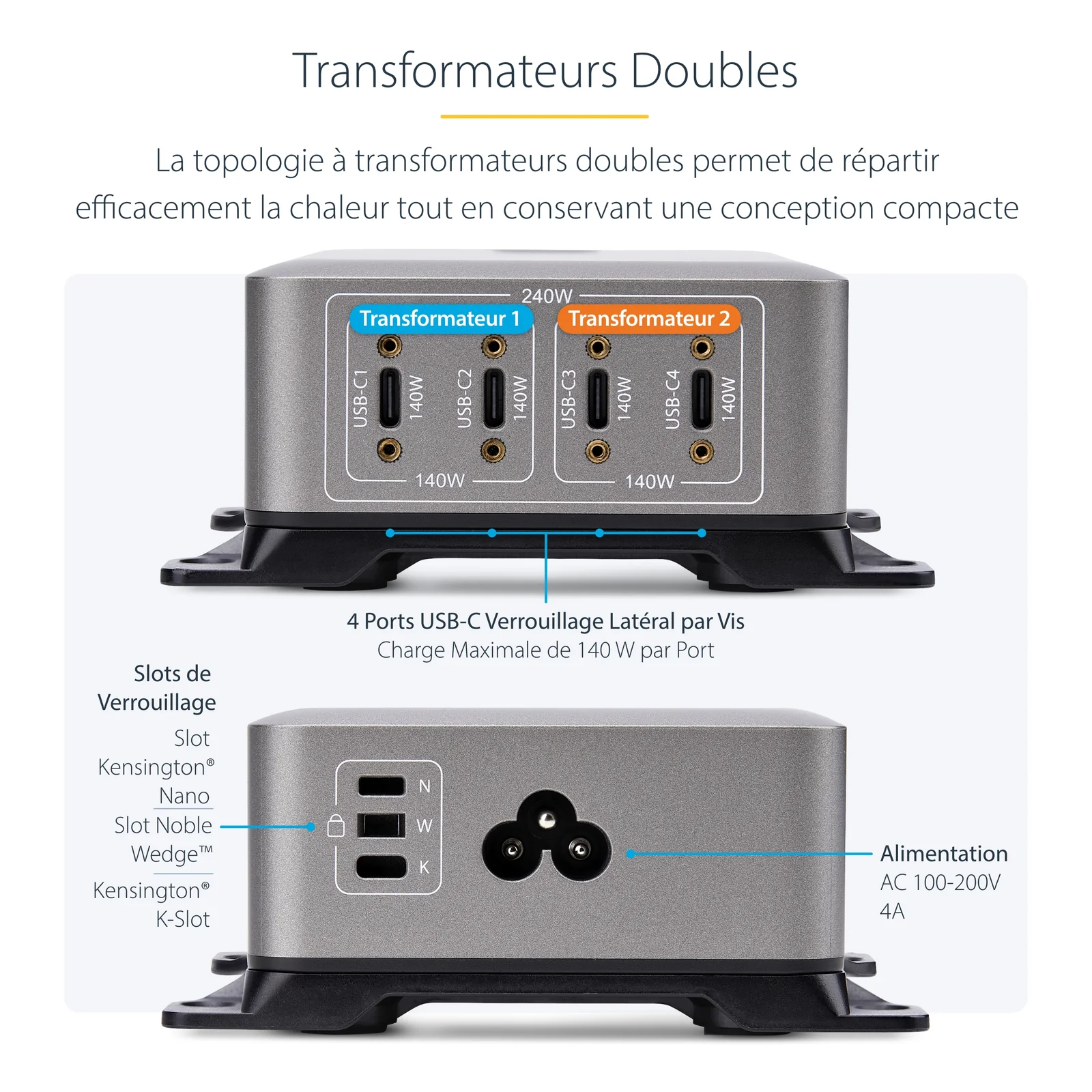 StarTech.com Chargeur USB-C Multi-Appareils à 4 Ports, 240 W au Total, Port Unique 140 W EPR, PD 3.1, Ports de Verrouillage à Vis, Salles de Réunion, Support Inclus pour le Montage en Surface