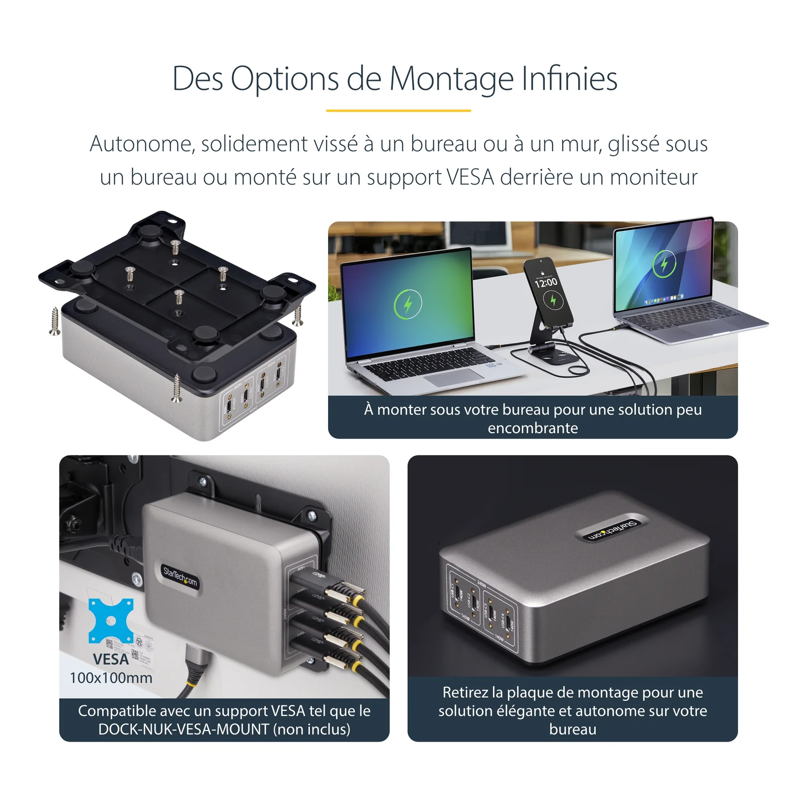 StarTech.com Chargeur USB-C Multi-Appareils à 4 Ports, 240 W au Total, Port Unique 140 W EPR, PD 3.1, Ports de Verrouillage à Vis, Salles de Réunion, Support Inclus pour le Montage en Surface