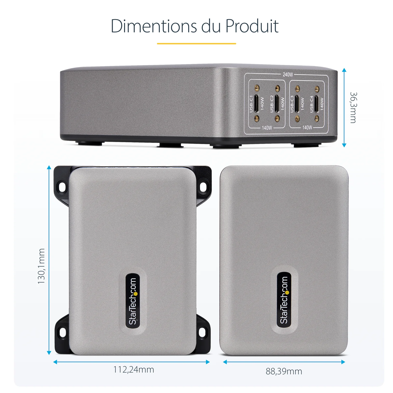 StarTech.com Chargeur USB-C Multi-Appareils à 4 Ports, 240 W au Total, Port Unique 140 W EPR, PD 3.1, Ports de Verrouillage à Vis, Salles de Réunion, Support Inclus pour le Montage en Surface