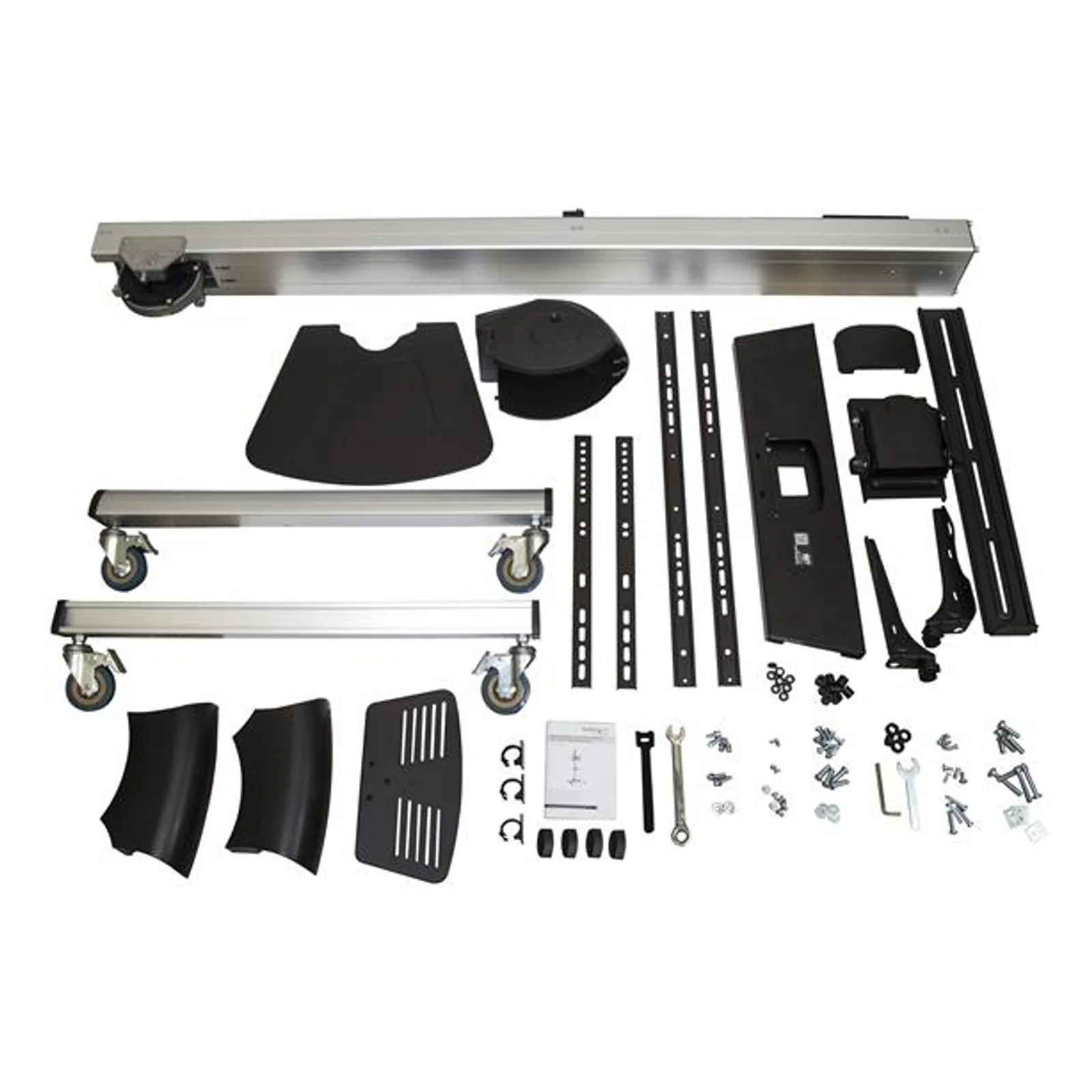 Vue éclatée de tous les composants du chariot disposés à plat, pièces aluminium, roulettes, visserie, bras VESA et notice inclus