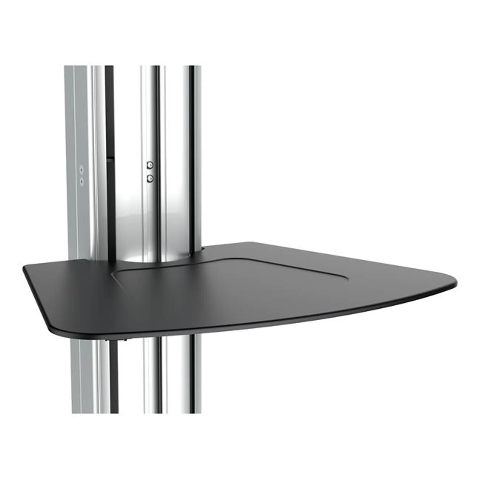 Gros plan sur la tablette noire arrondie fixée sur la colonne aluminium du chariot, vue de face légèrement en angle