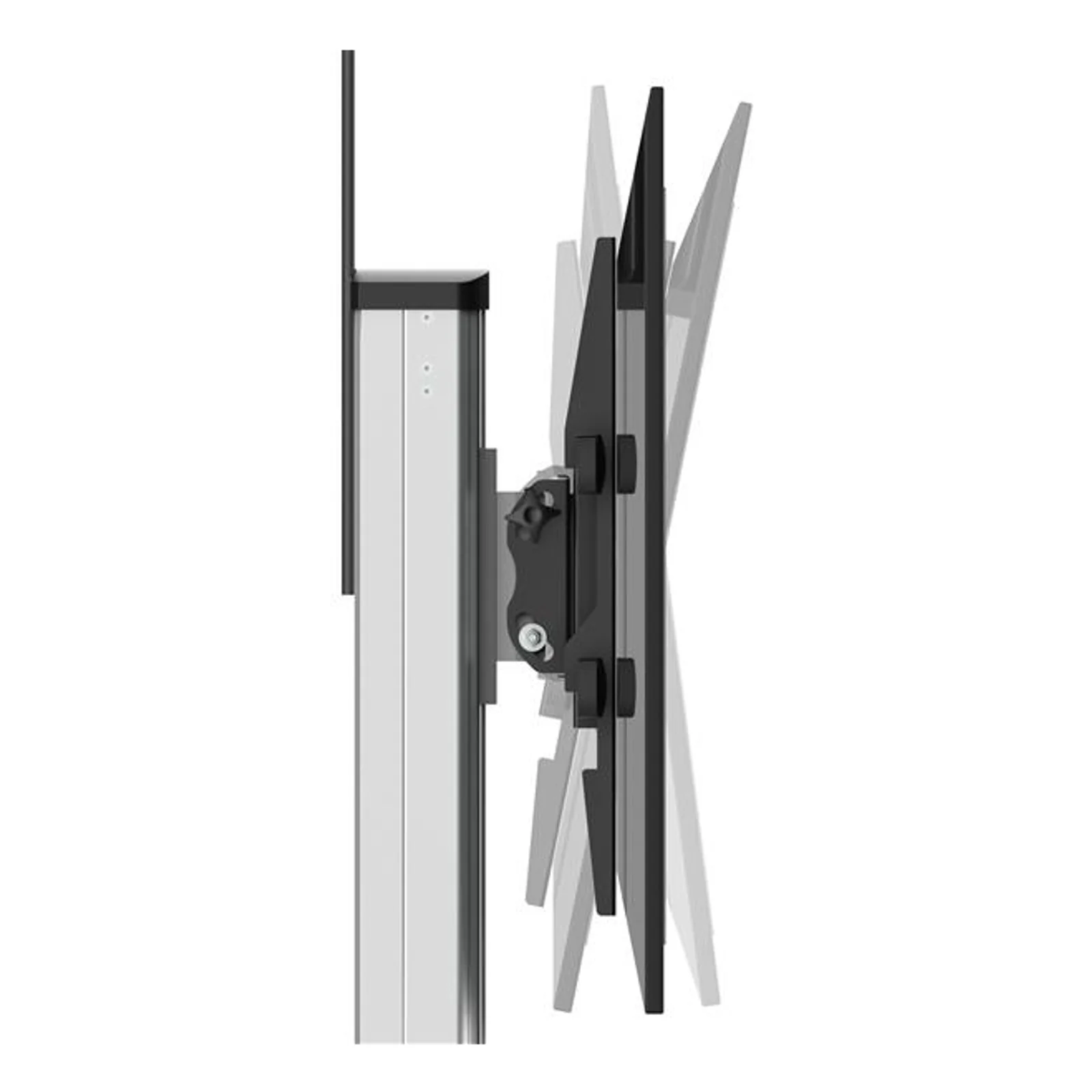 Vue de profil du bras VESA montrant l'amplitude d'inclinaison de l'écran sur la colonne aluminium, multiples positions illustrées