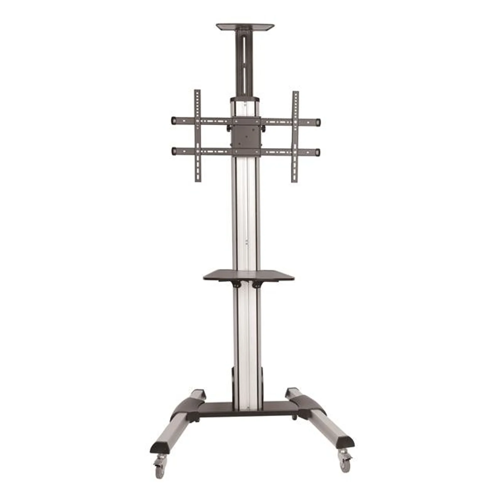 Vue de face complète du chariot sans écran, colonne centrale argentée avec bras VESA, tablette intermédiaire et base à roulettes