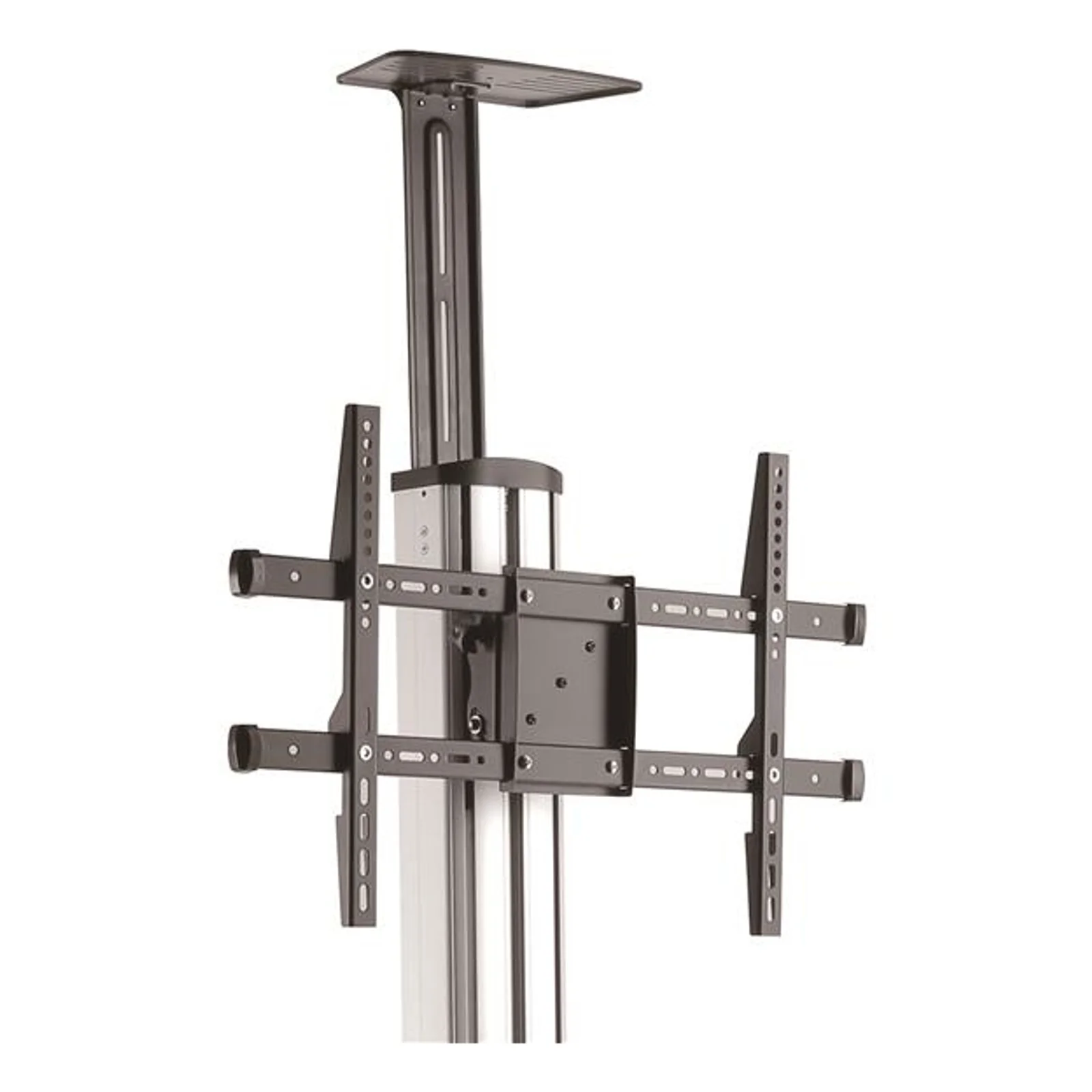 Gros plan sur le bras de fixation VESA noir à double rail coulissant, tige verticale aluminium et plateau supérieur noir