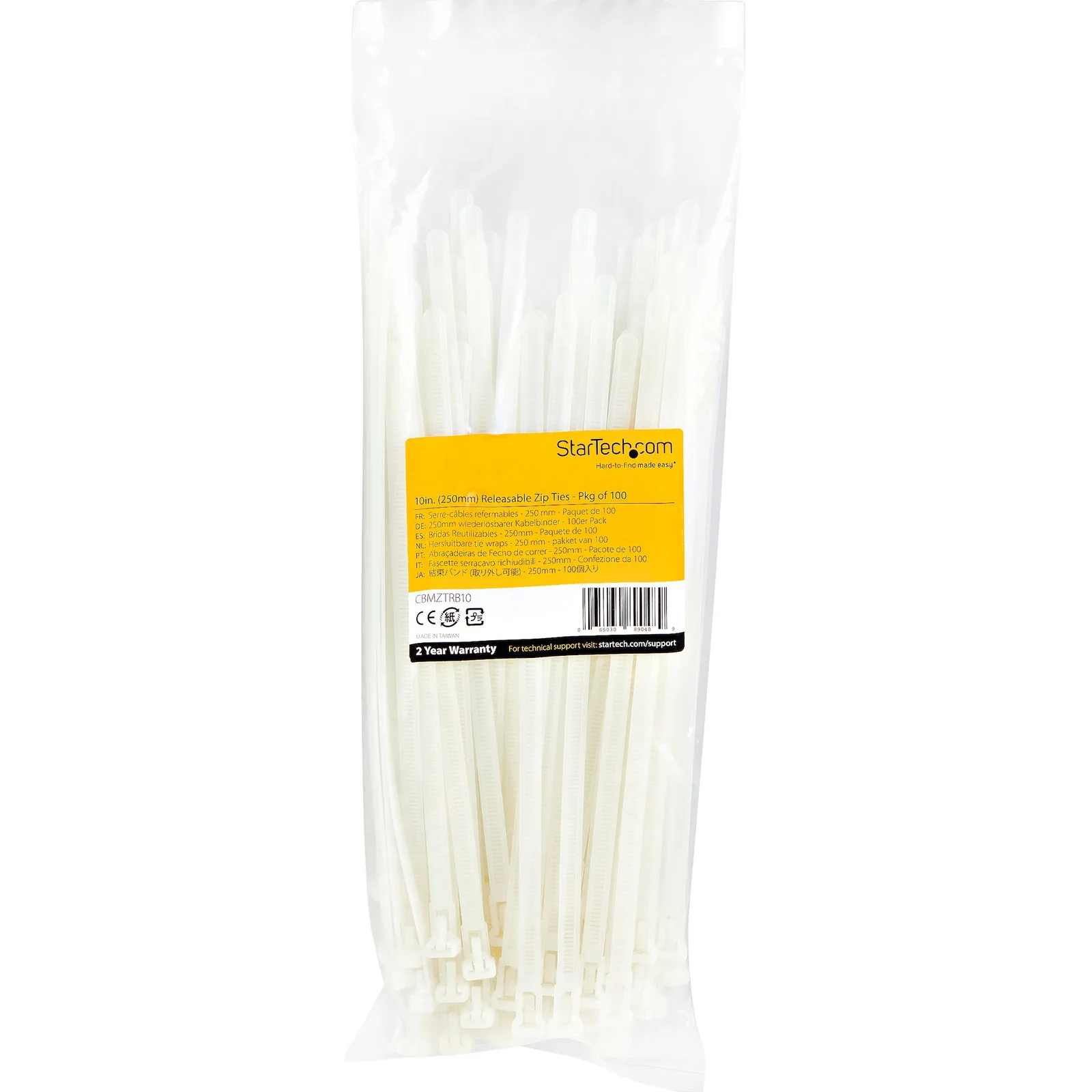StarTech.com Colliers de Serrage Réutilisables 25 cm Blancs - Largeur 7 mm - Diam. faisceau 65 mm - Résistance traction 22 kg - Colson nylon détachable - Intérieur/extérieur - Homologués 94V-2/UL - 100 pcs