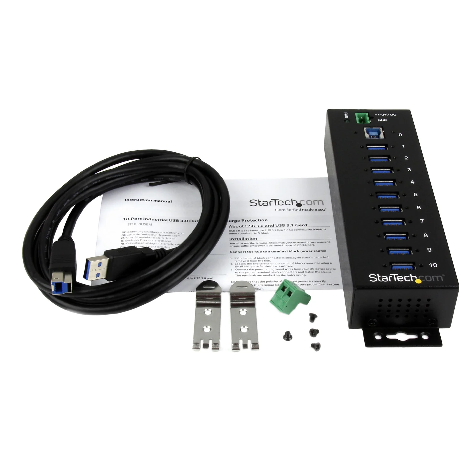 StarTech.com Concentrateur USB 3.0 10 ports - 5Gbps - Concentrateur USB-A industriel en métal avec protection contre les décharges électrostatiques et les surtensions - Montage sur rail DIN, mur ou bureau - Concentrateur d'extension USB conforme à la norme TAA