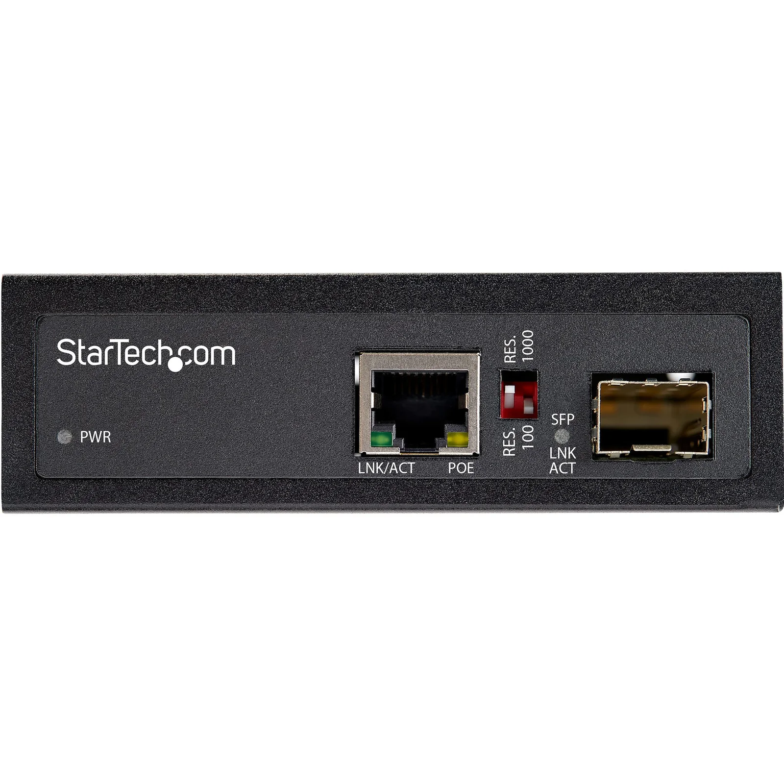 Face avant du convertisseur avec port RJ45 PoE, slot SFP et voyants LNK/ACT, RES 100, RES 1000 et PWR