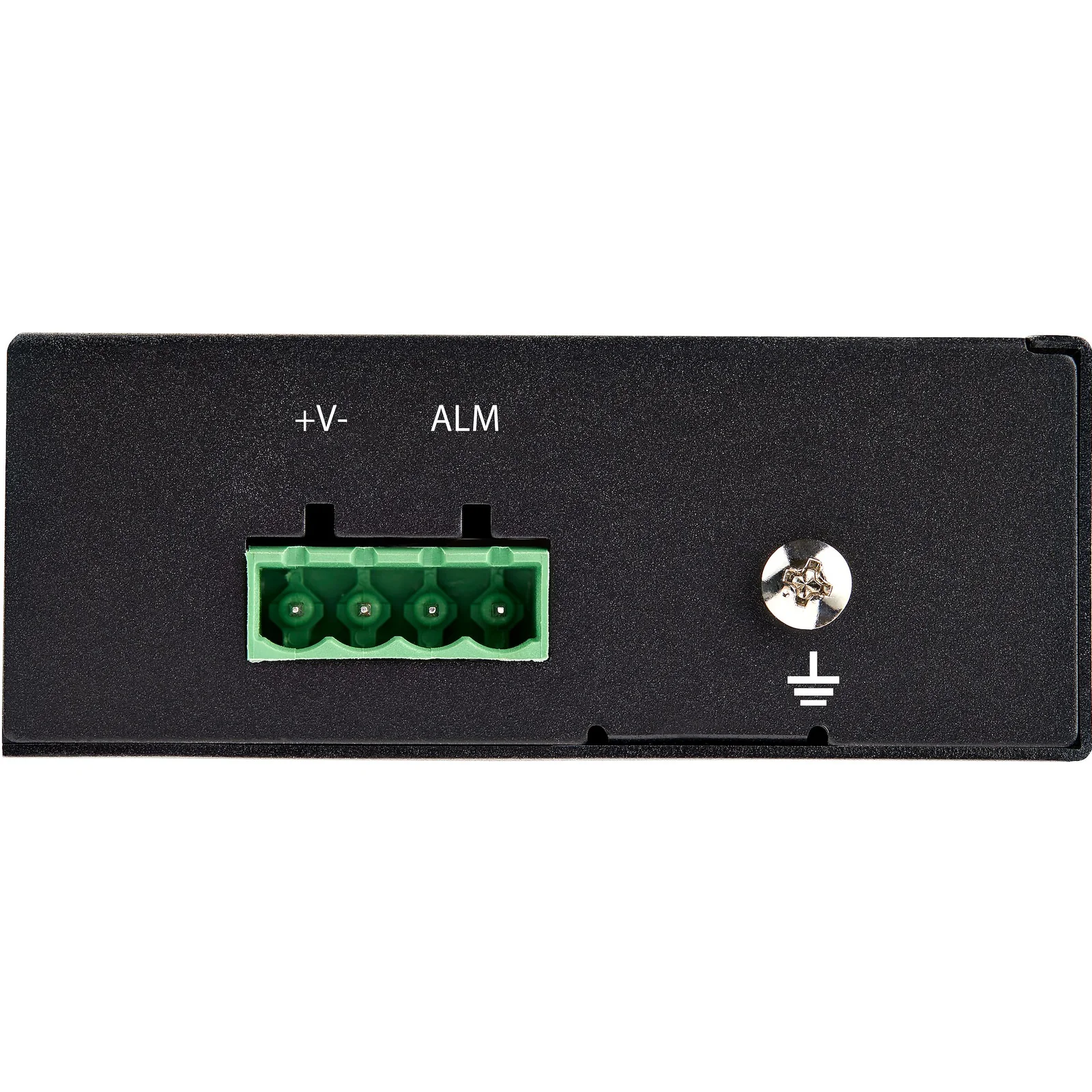Face arrière du convertisseur montrant un connecteur à bornes vert 4 broches marqué +V- ALM et une vis de mise à la terre