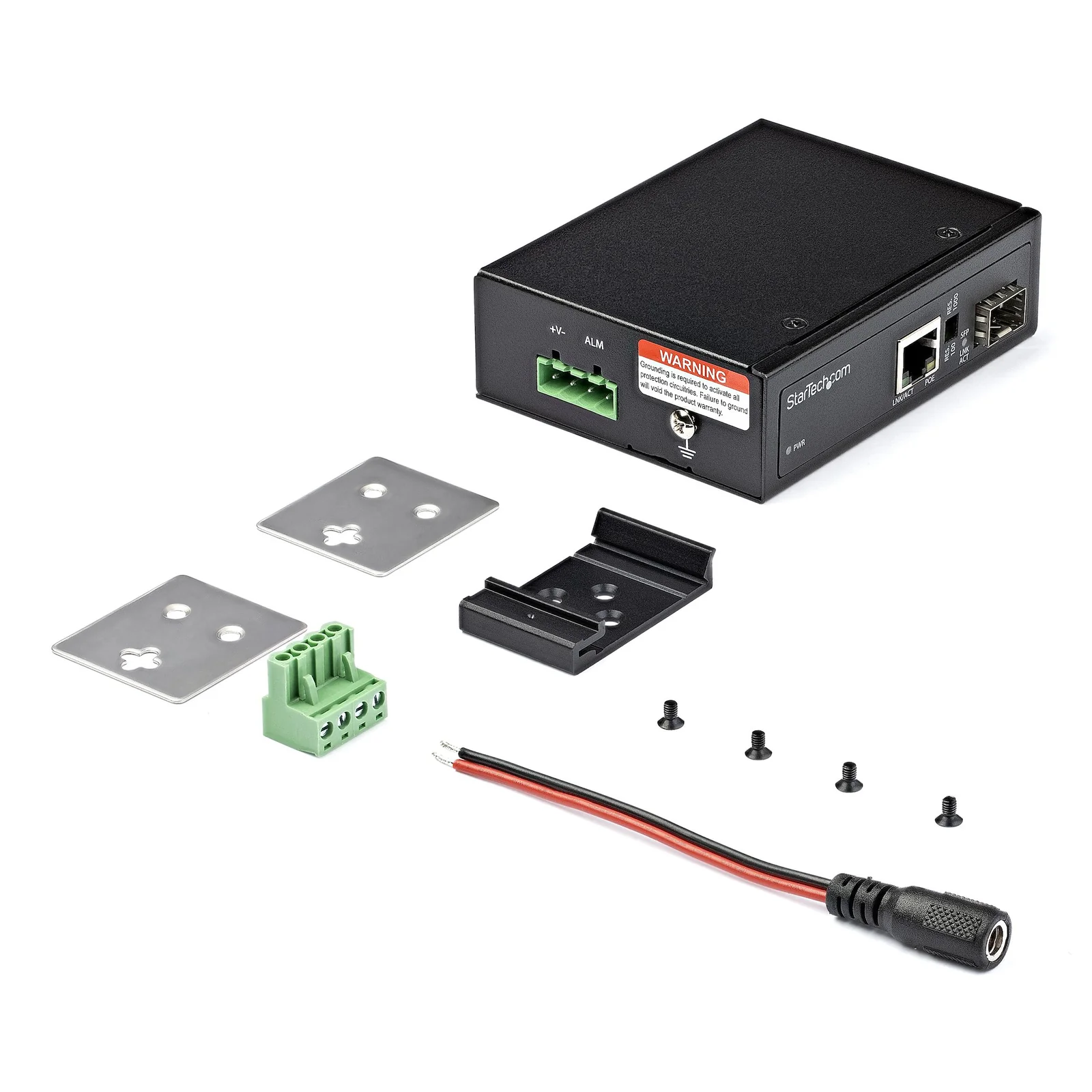 Convertisseur avec tous ses accessoires inclus, rail DIN, platines de fixation murale, connecteur à bornes, câble d'alimentation DC bifilaire et vis